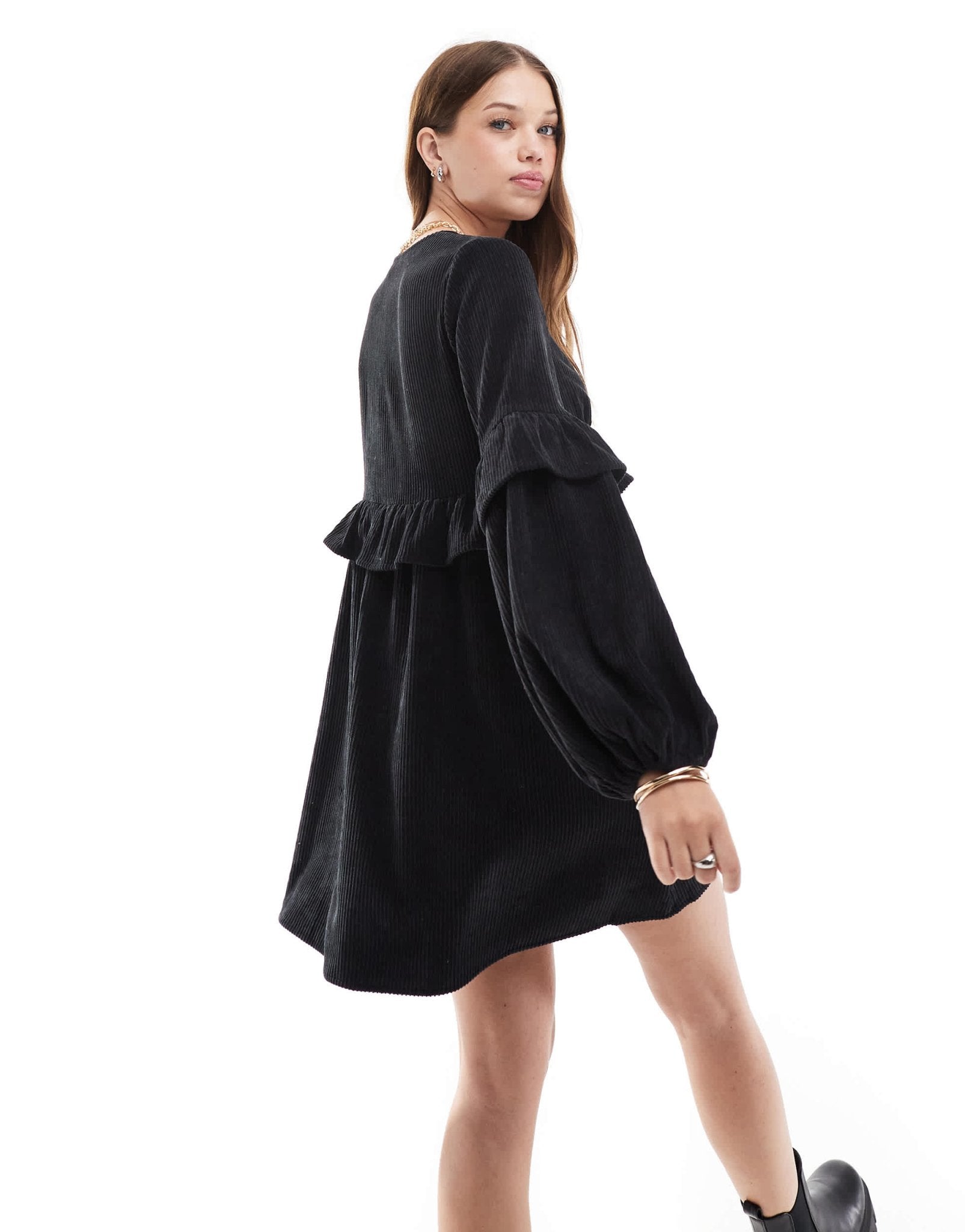 ASOS DESIGN cord smock mini dress with frill in black - ASOS Sample Sale