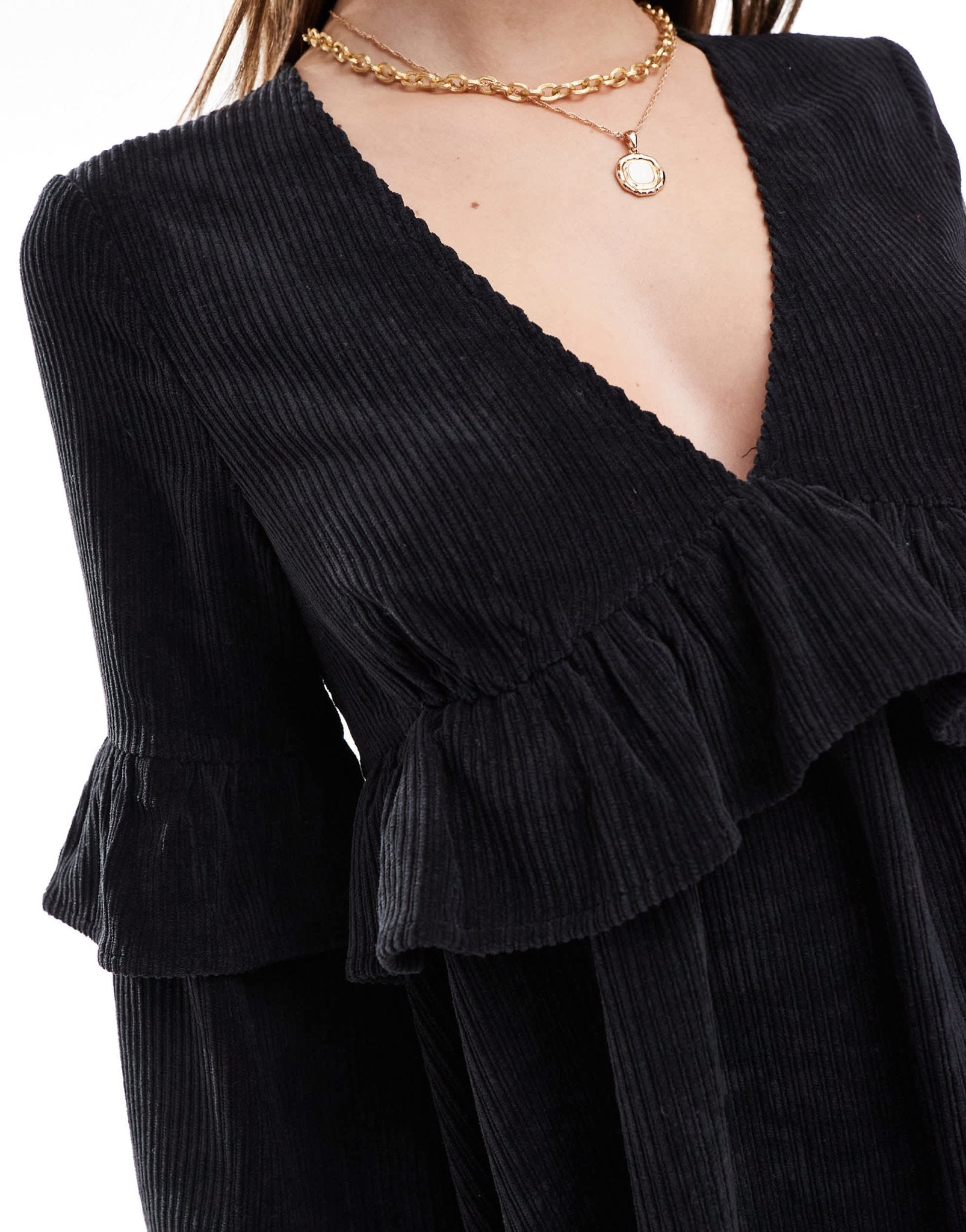 ASOS DESIGN cord smock mini dress with frill in black - ASOS Sample Sale