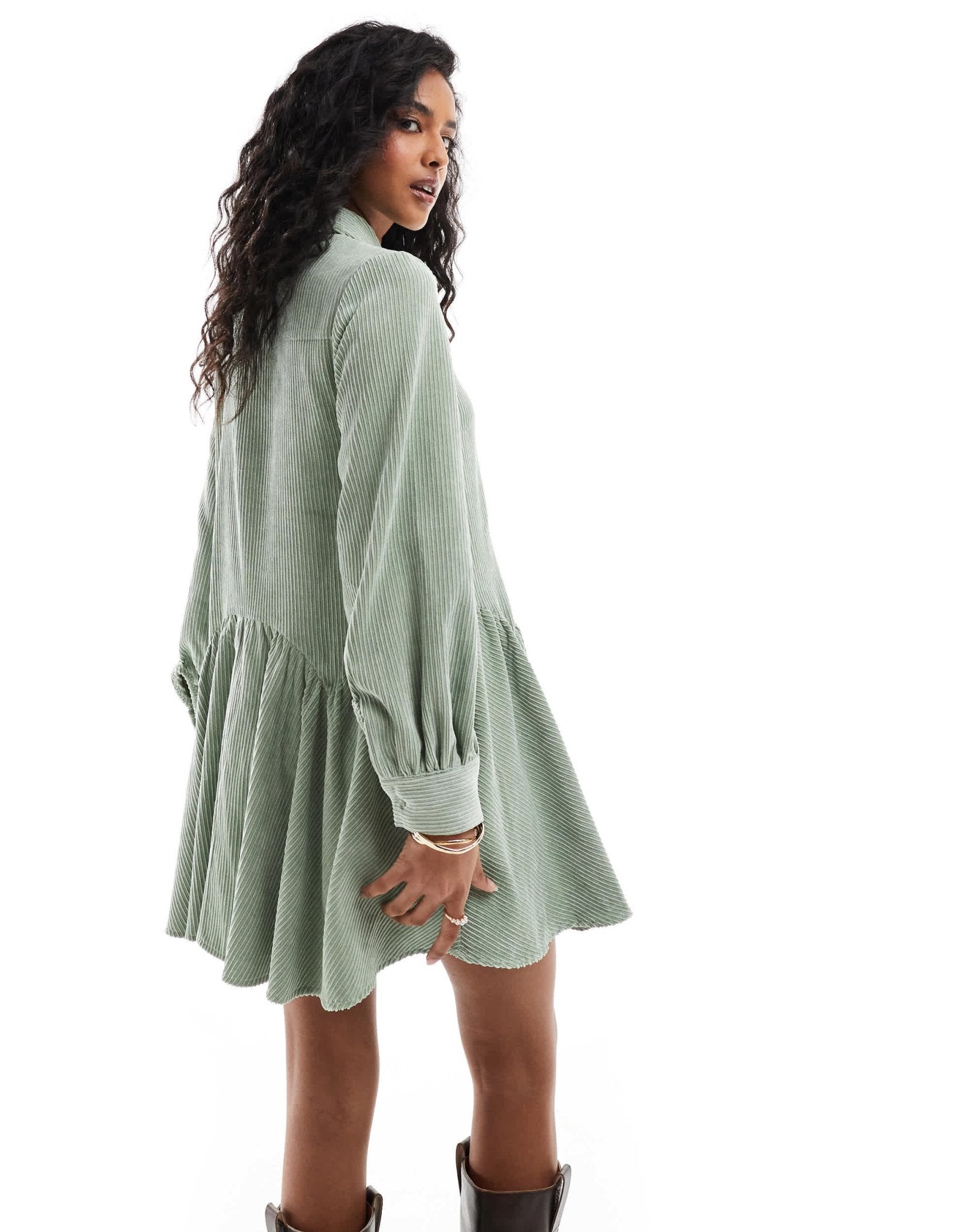 ASOS DESIGN cord smock mini dress with peplum hem in sage green - ASOS Sample Sale