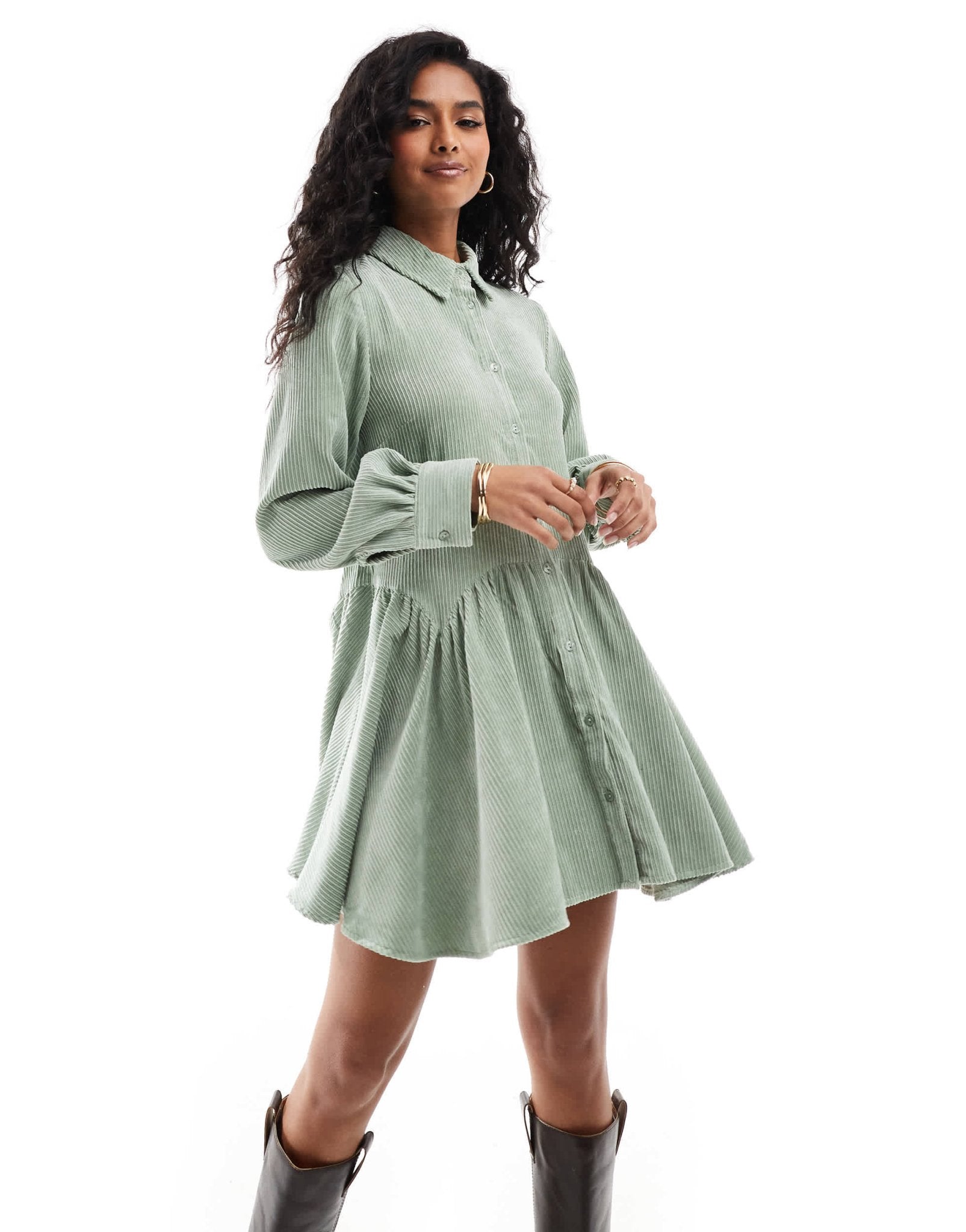 ASOS DESIGN cord smock mini dress with peplum hem in sage green - ASOS Sample Sale