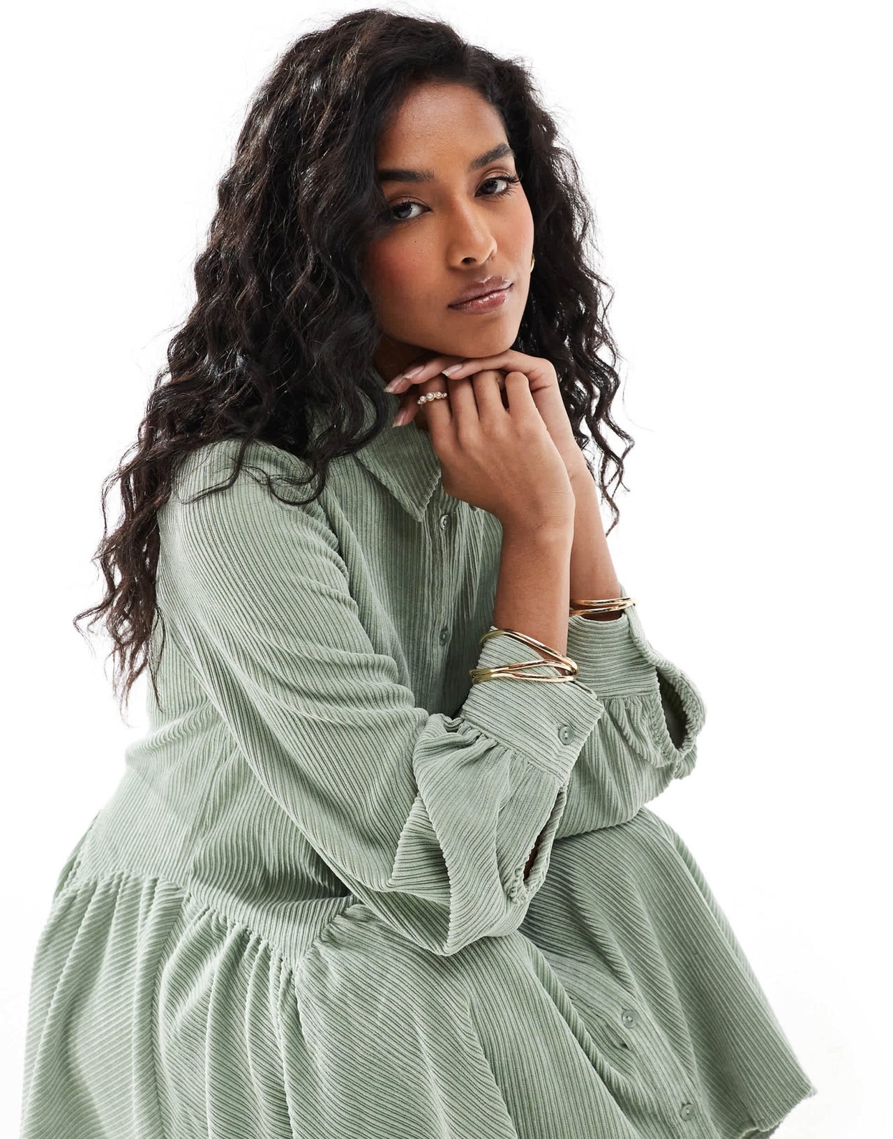ASOS DESIGN cord smock mini dress with peplum hem in sage green - ASOS Sample Sale