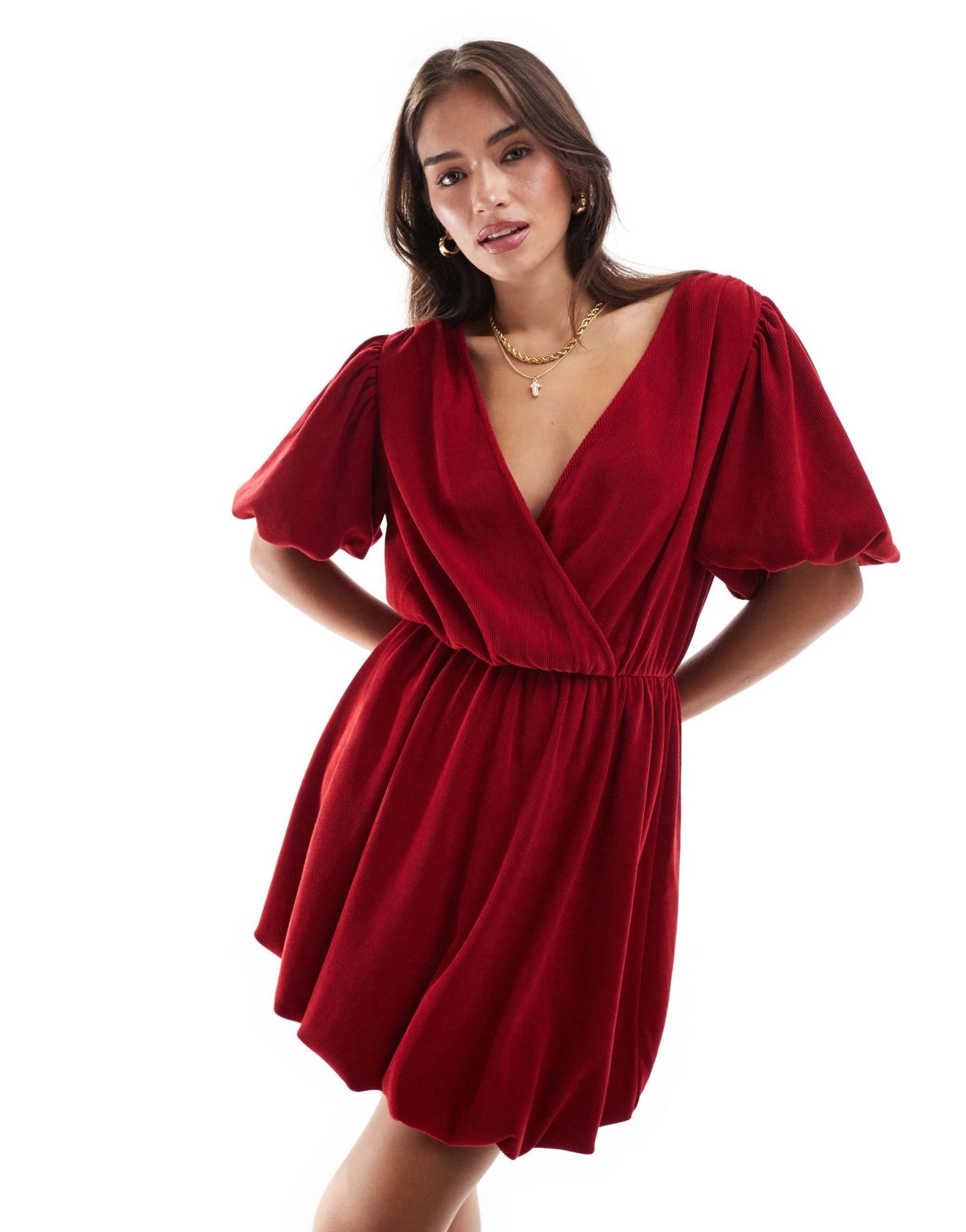 ASOS DESIGN cord wrap front puff sleeve mini dress in red - ASOS Sample Sale