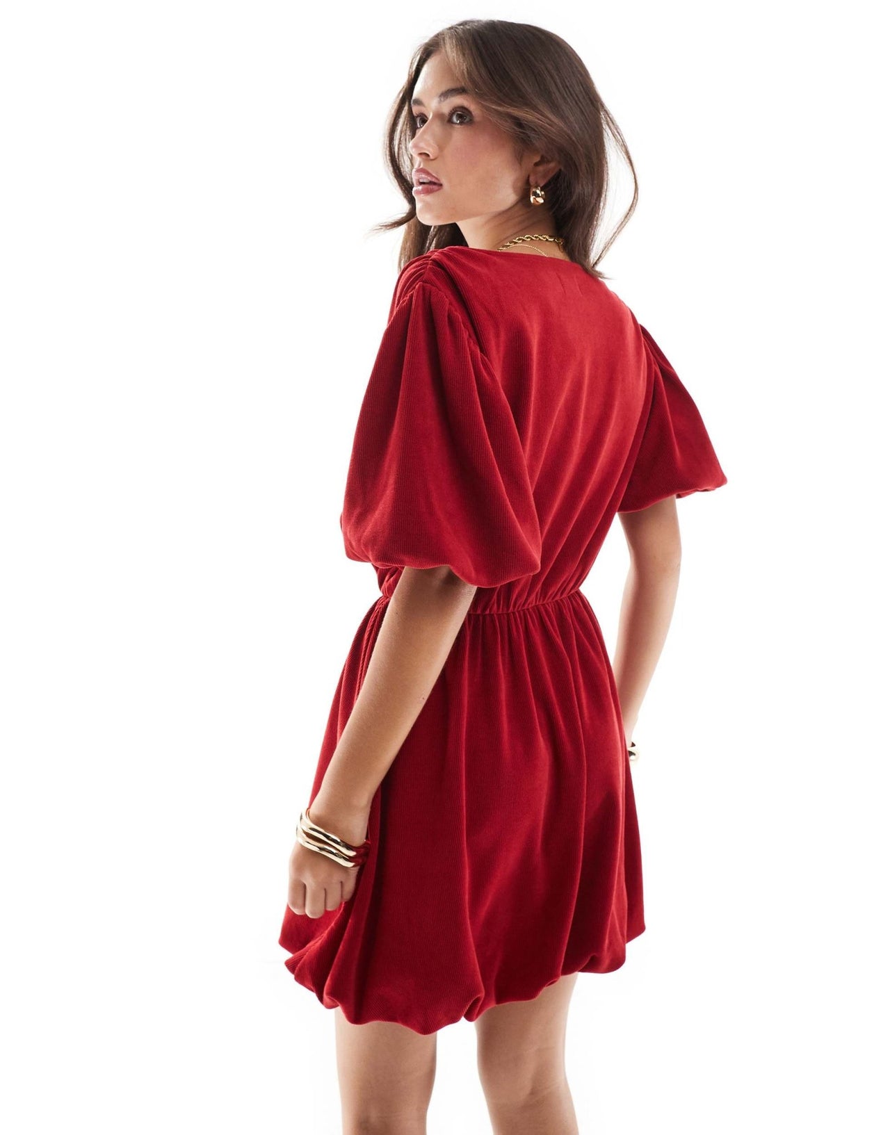 ASOS DESIGN cord wrap front puff sleeve mini dress in red - ASOS Sample Sale