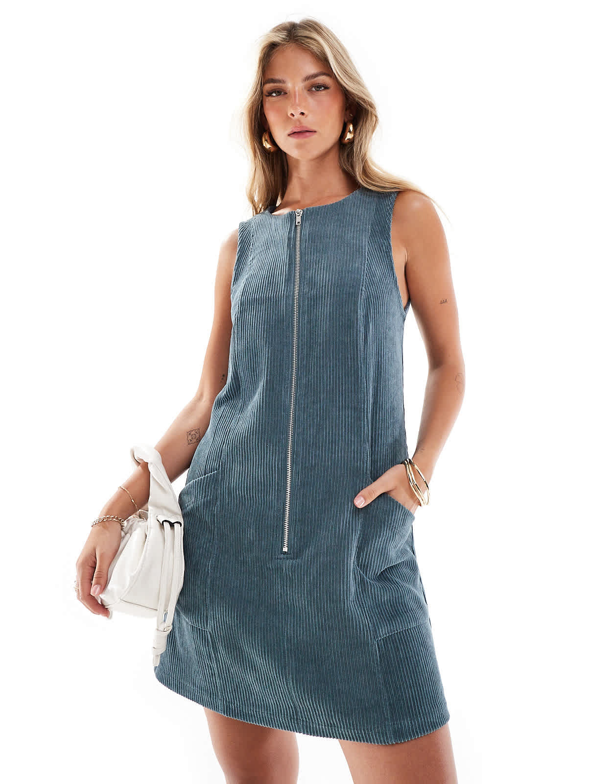 ASOS DESIGN cord zip through mini dress in slate blue - ASOS Sample Sale