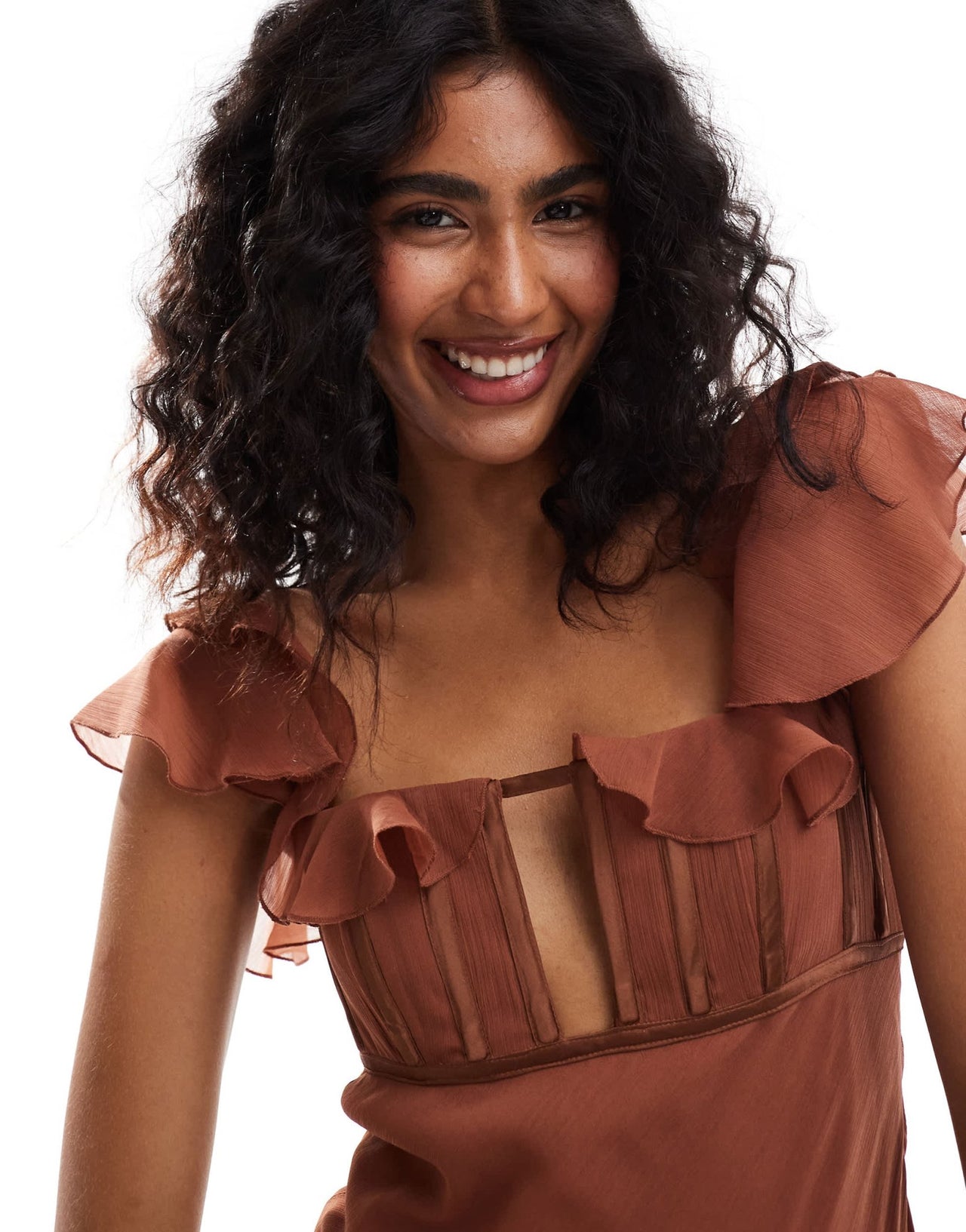 ASOS DESIGN corset bust cami maxi dress with ruffle detail in brown - ASOS Sample Sale