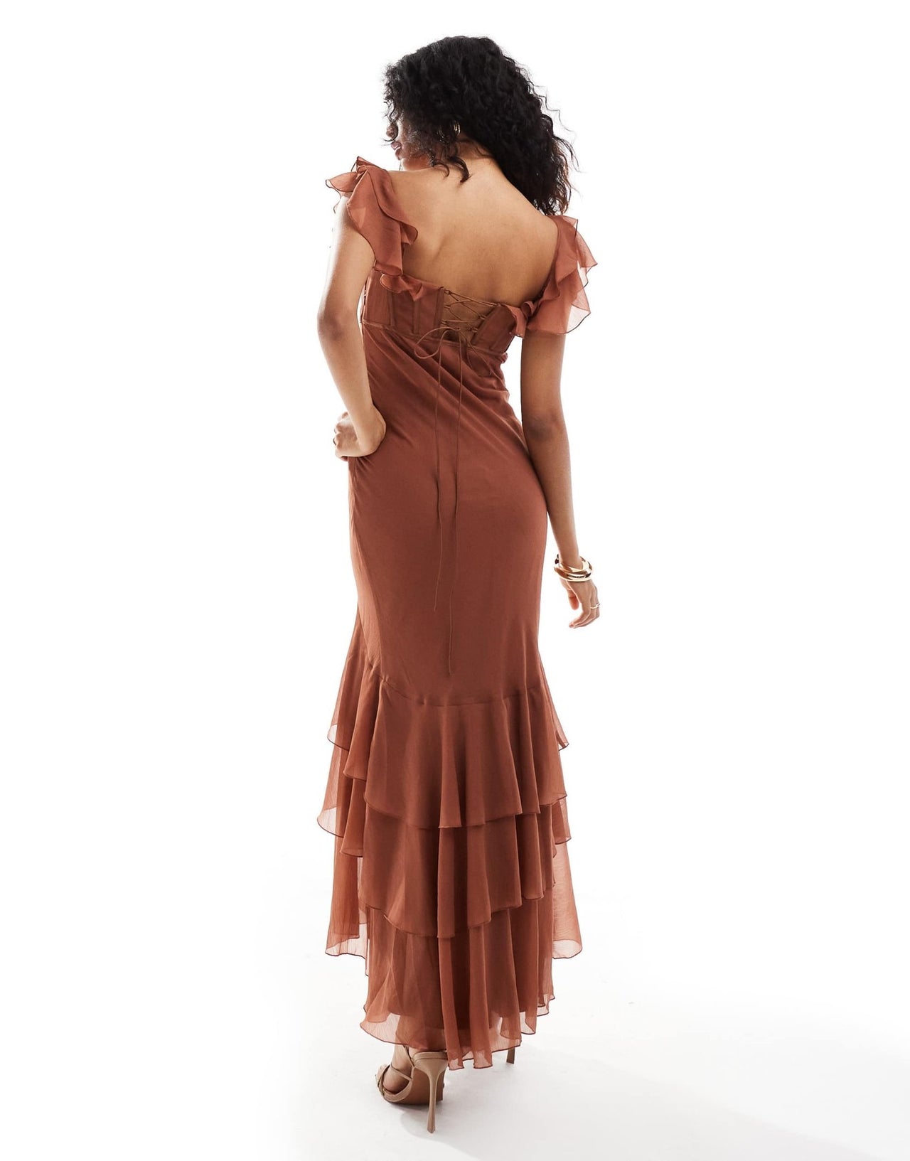 ASOS DESIGN corset bust cami maxi dress with ruffle detail in brown - ASOS Sample Sale