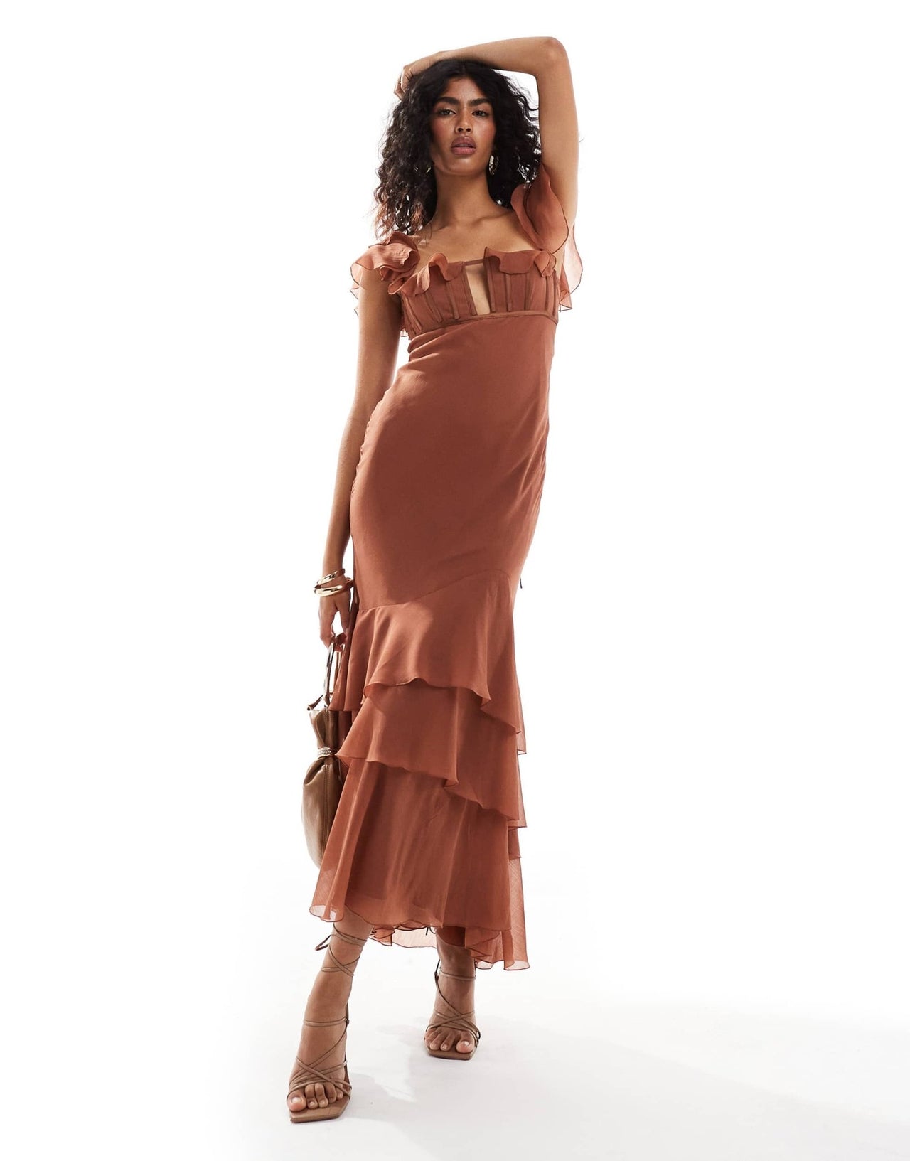 ASOS DESIGN corset bust cami maxi dress with ruffle detail in brown - ASOS Sample Sale