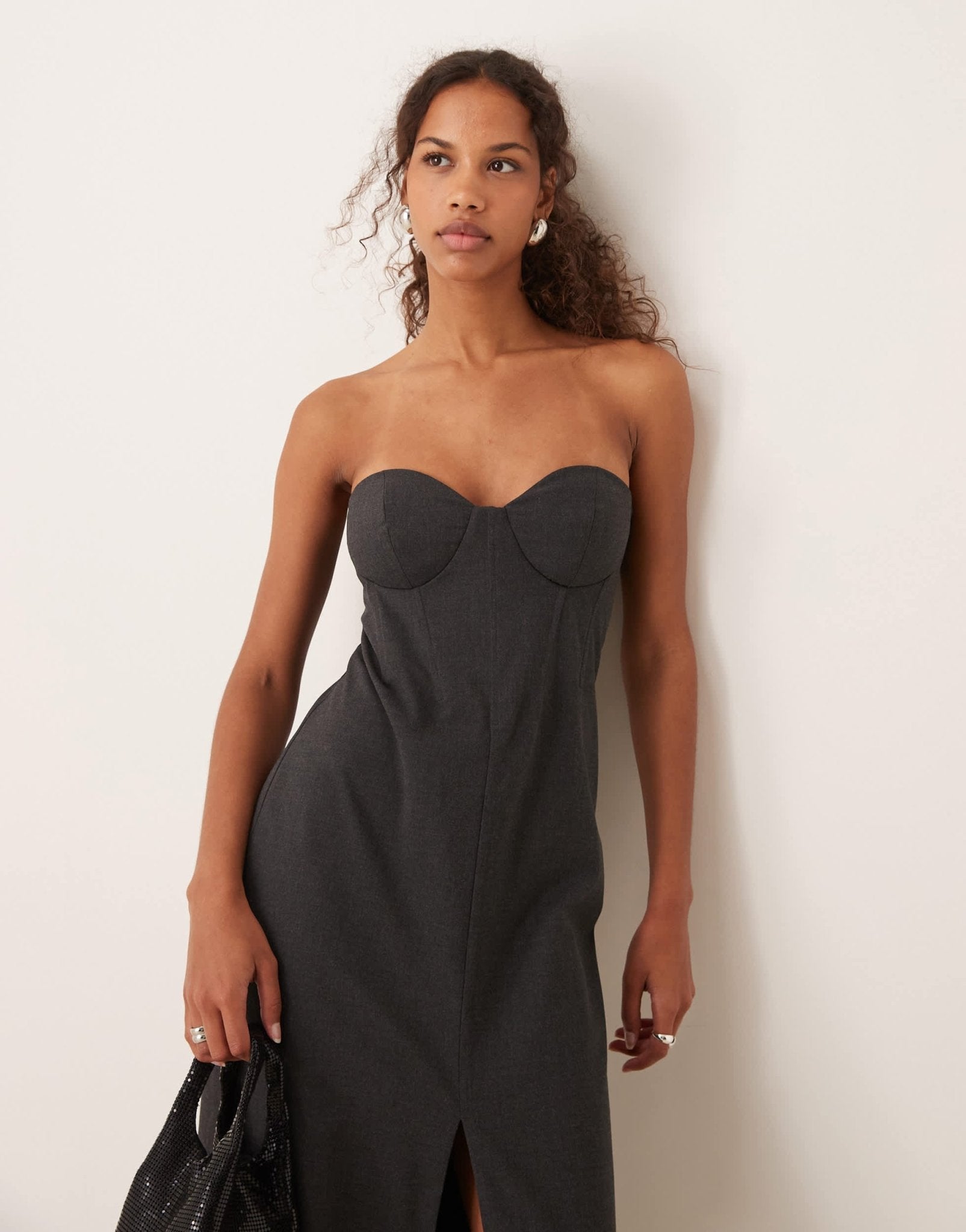 ASOS DESIGN corset detail bandeau midaxi dress with front split in charcoal grey - ASOS Sample Sale