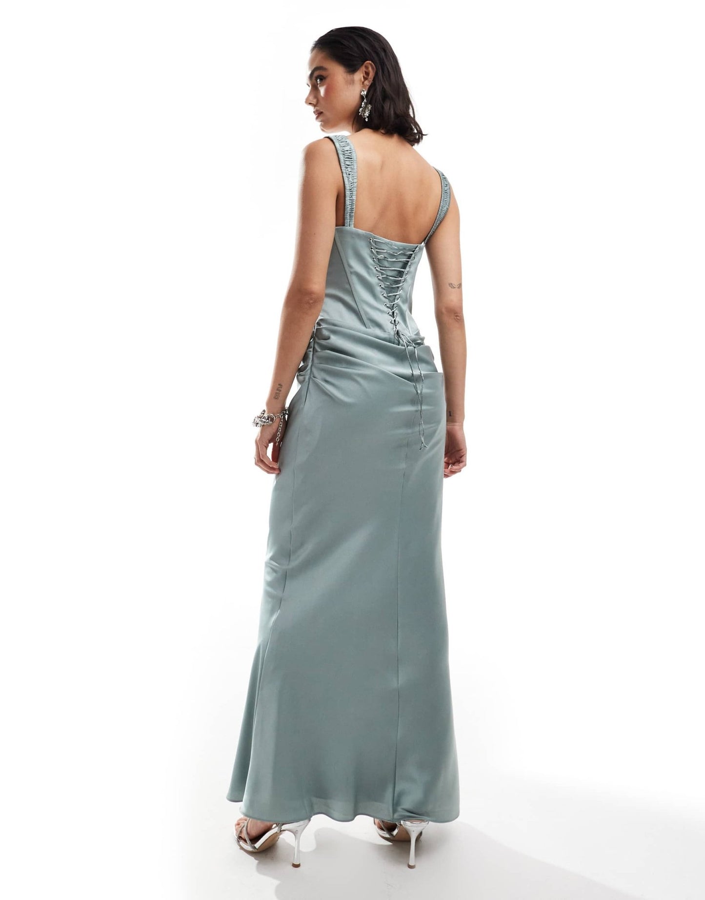 ASOS DESIGN corset detail draped satin maxi dress with lace up back in sea green - ASOS Sample Sale