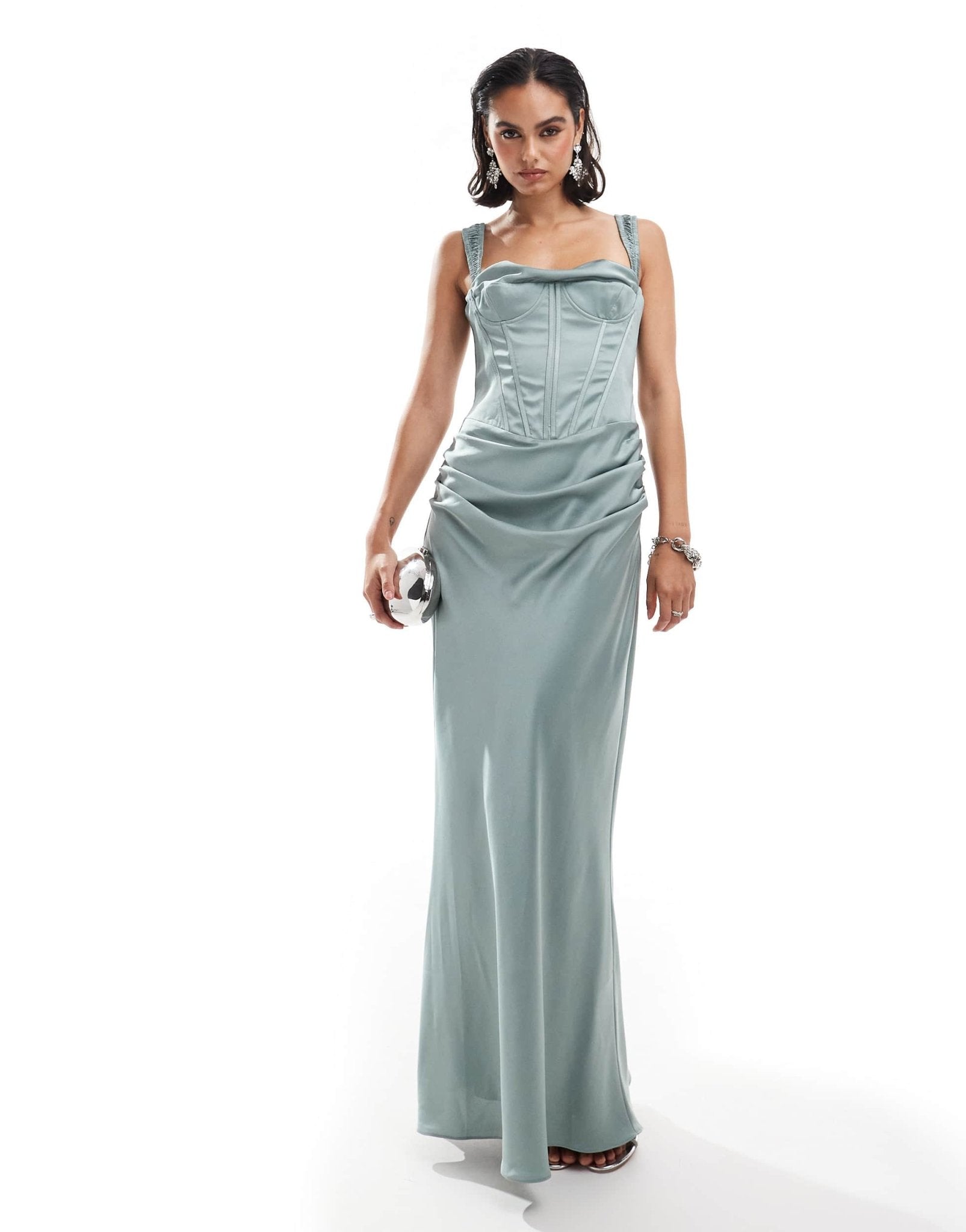 ASOS DESIGN corset detail draped satin maxi dress with lace up back in sea green - ASOS Sample Sale