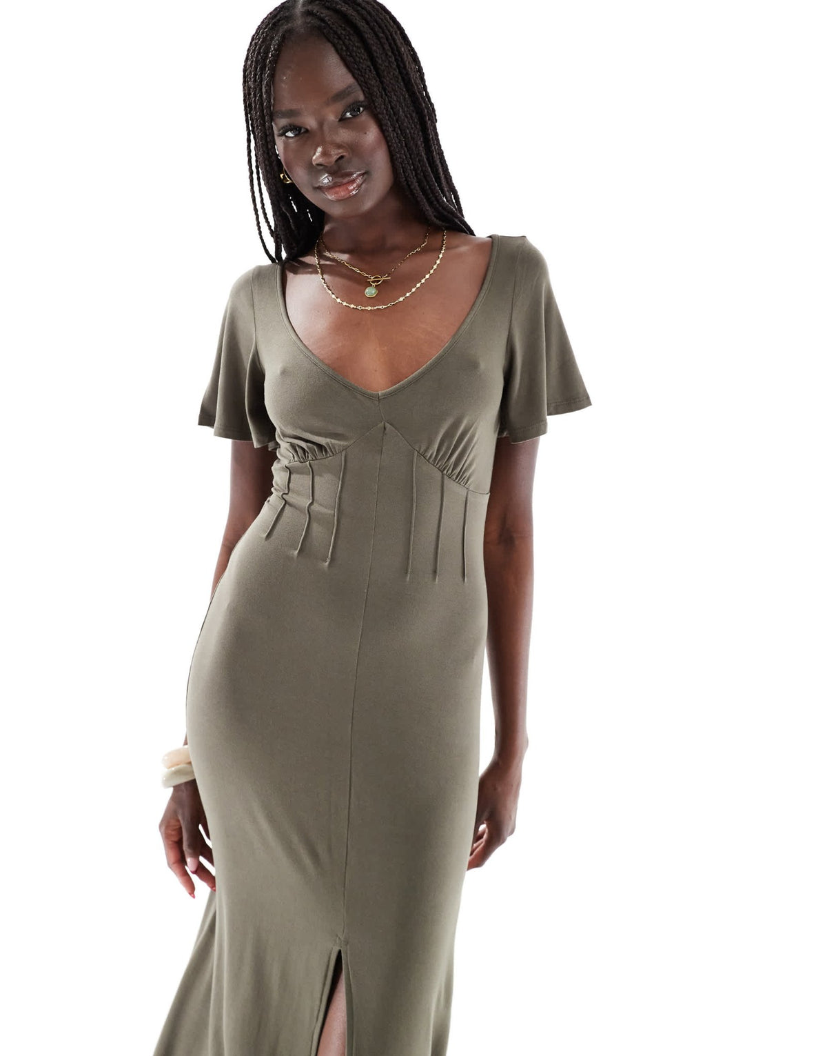 ASOS DESIGN corset detail midi tea dress in khaki - ASOS Sample Sale