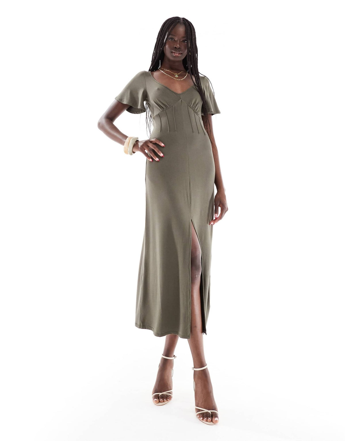 ASOS DESIGN corset detail midi tea dress in khaki - ASOS Sample Sale