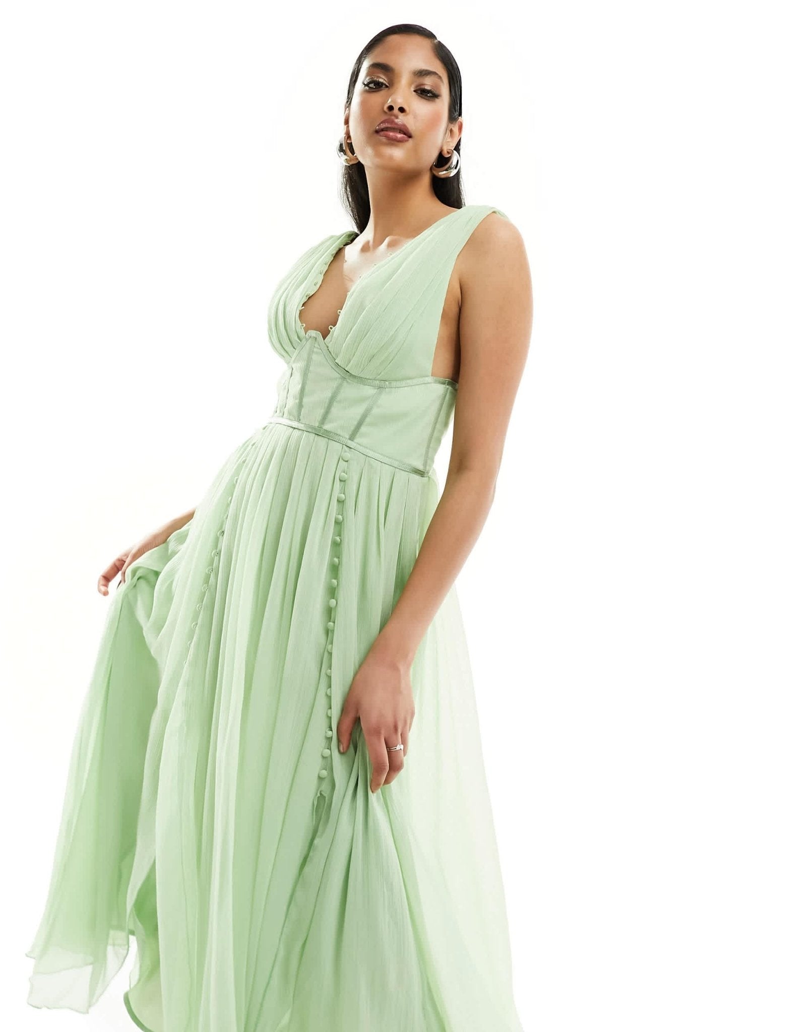 ASOS DESIGN corset plunge pleated midi dress with button detail in sage green - ASOS Sample Sale