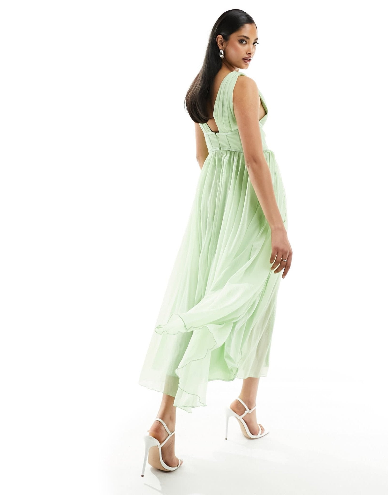 ASOS DESIGN corset plunge pleated midi dress with button detail in sage green - ASOS Sample Sale