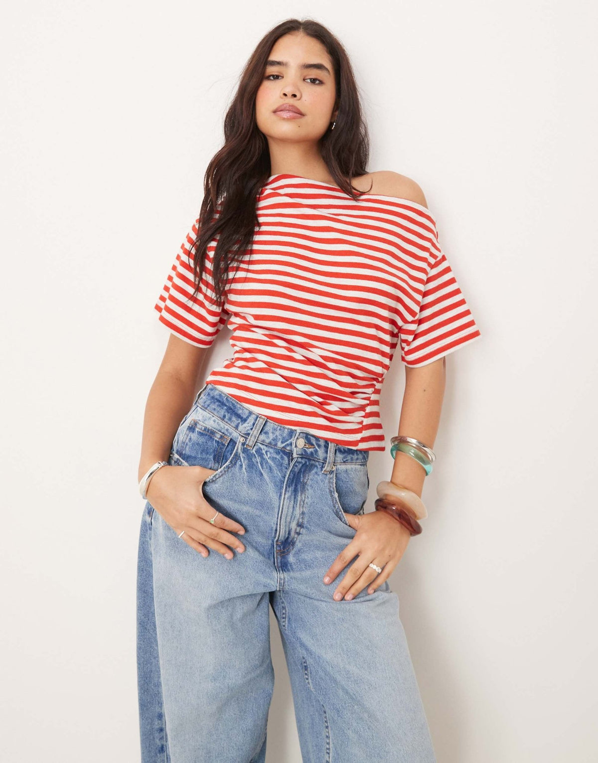 ASOS DESIGN corset waist detail tee in textured red and grey stripe - ASOS Sample Sale