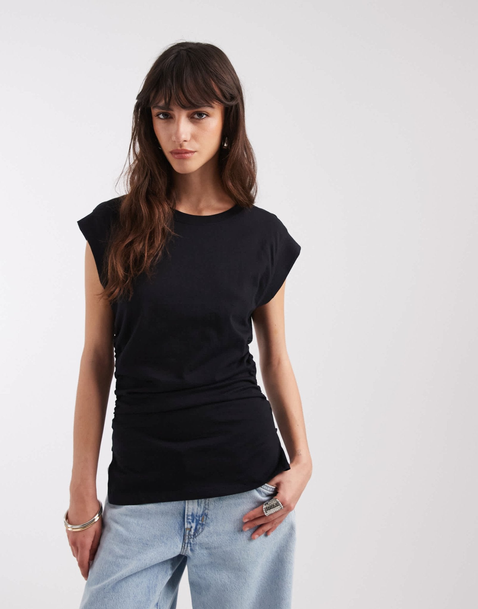 ASOS DESIGN corset waist sharp shoulder tank top in black - ASOS Sample Sale