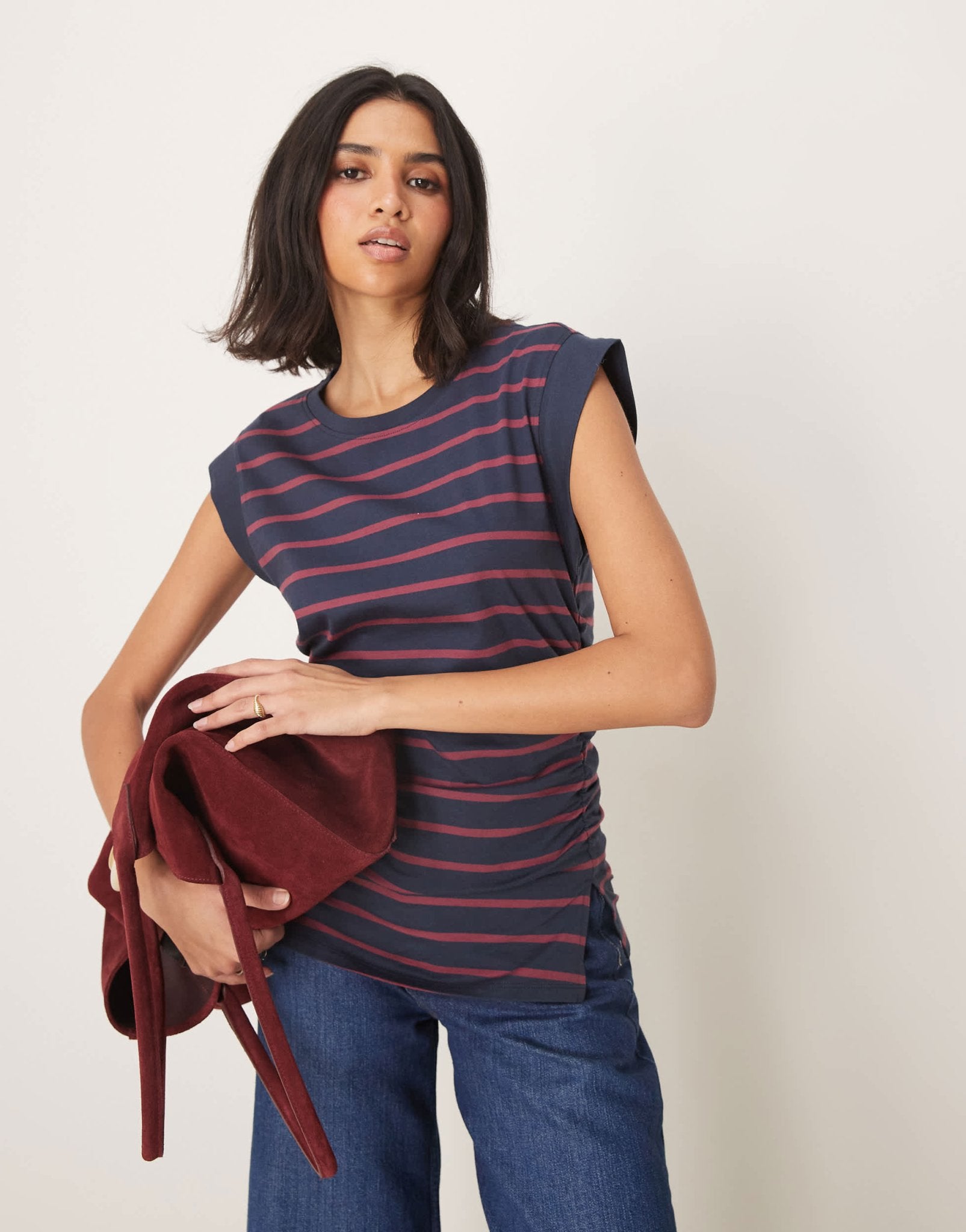 ASOS DESIGN corset waist sharp shoulder tank top in burgundy and navy stripe - ASOS Sample Sale