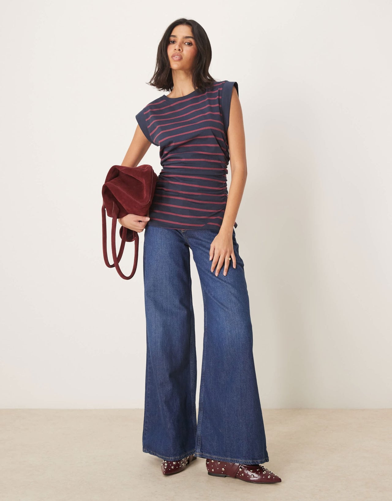 ASOS DESIGN corset waist sharp shoulder tank top in burgundy and navy stripe - ASOS Sample Sale