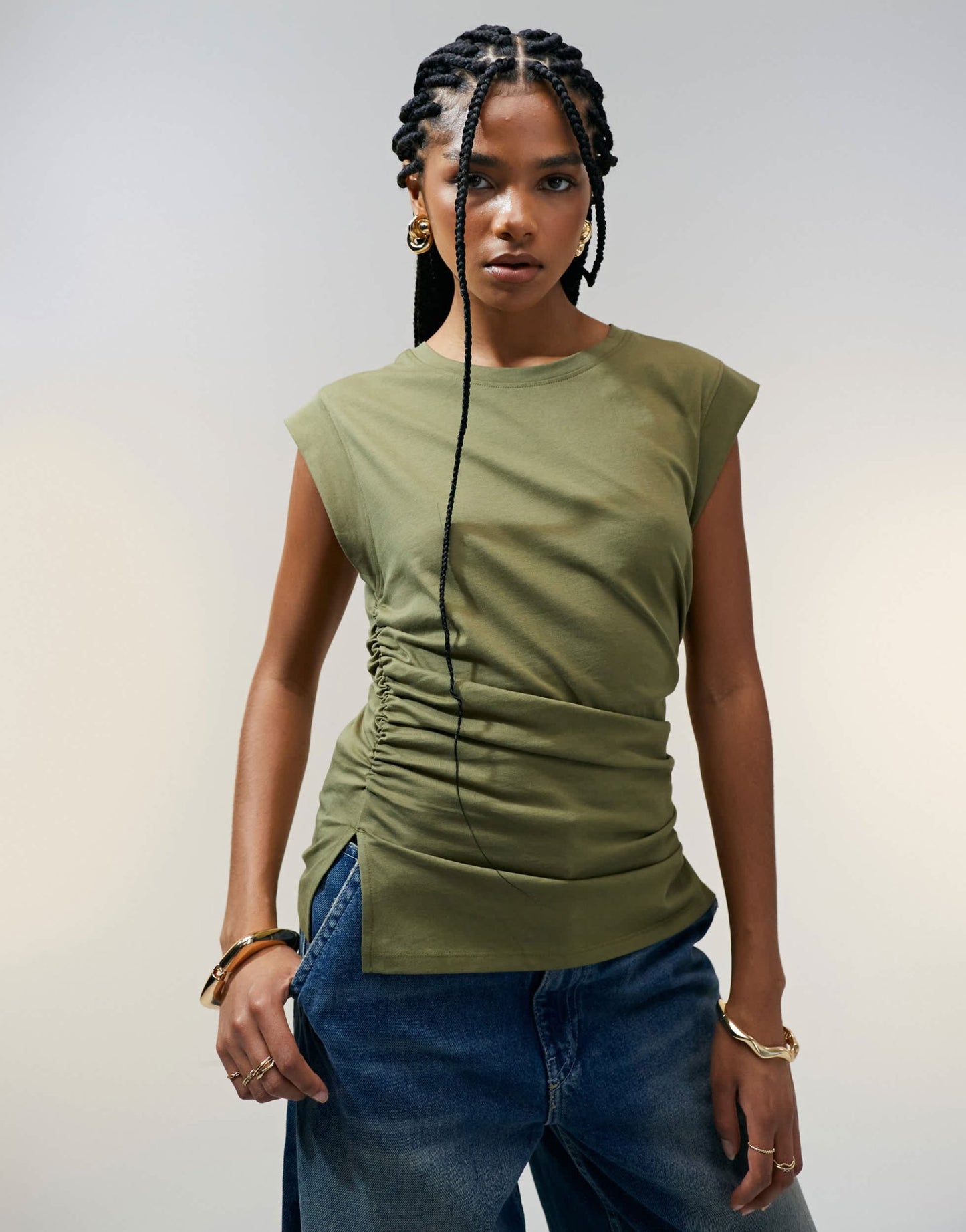 ASOS DESIGN corset waist sharp shoulder tank top in khaki - ASOS Sample Sale