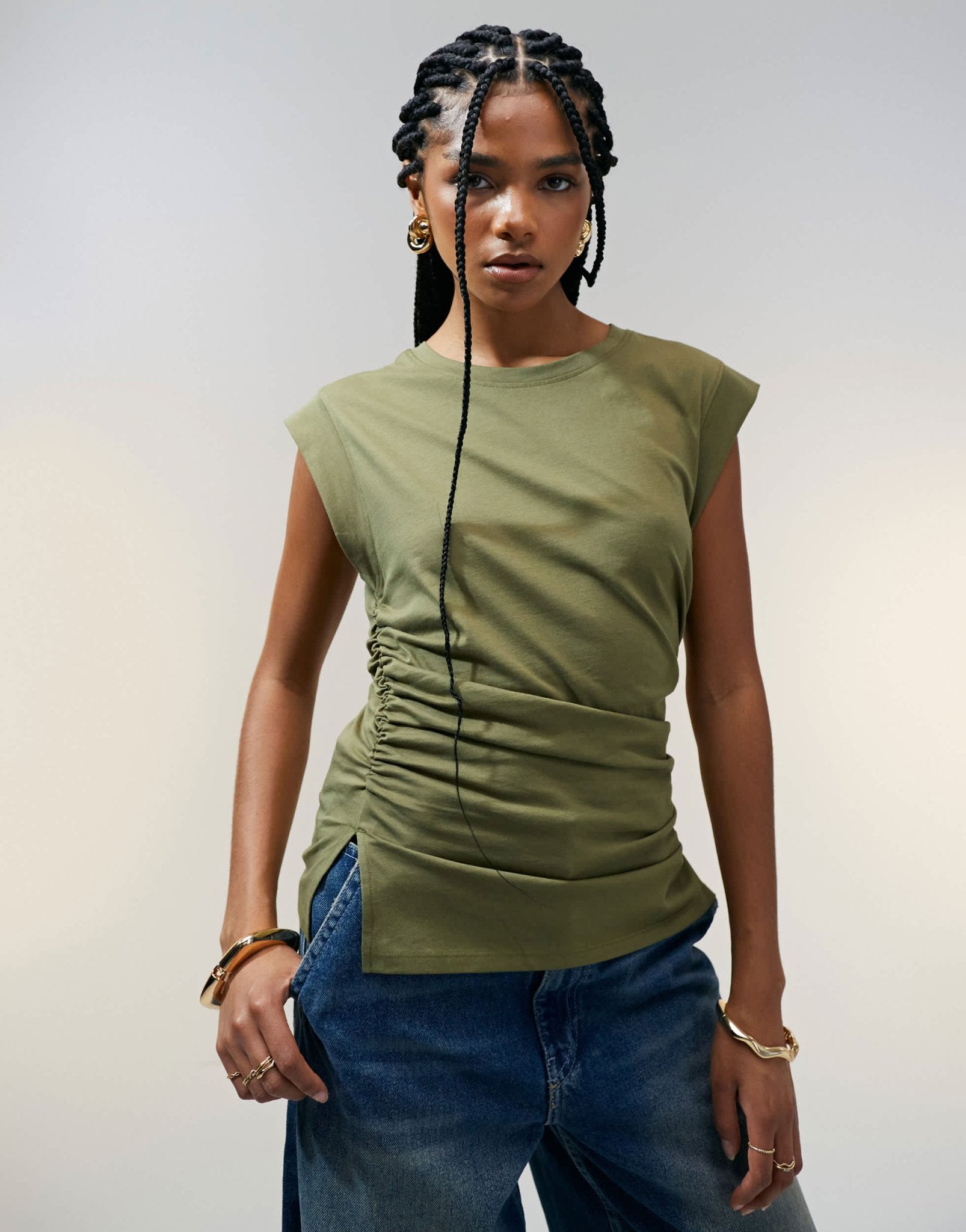 ASOS DESIGN corset waist sharp shoulder tank top in khaki - ASOS Sample Sale