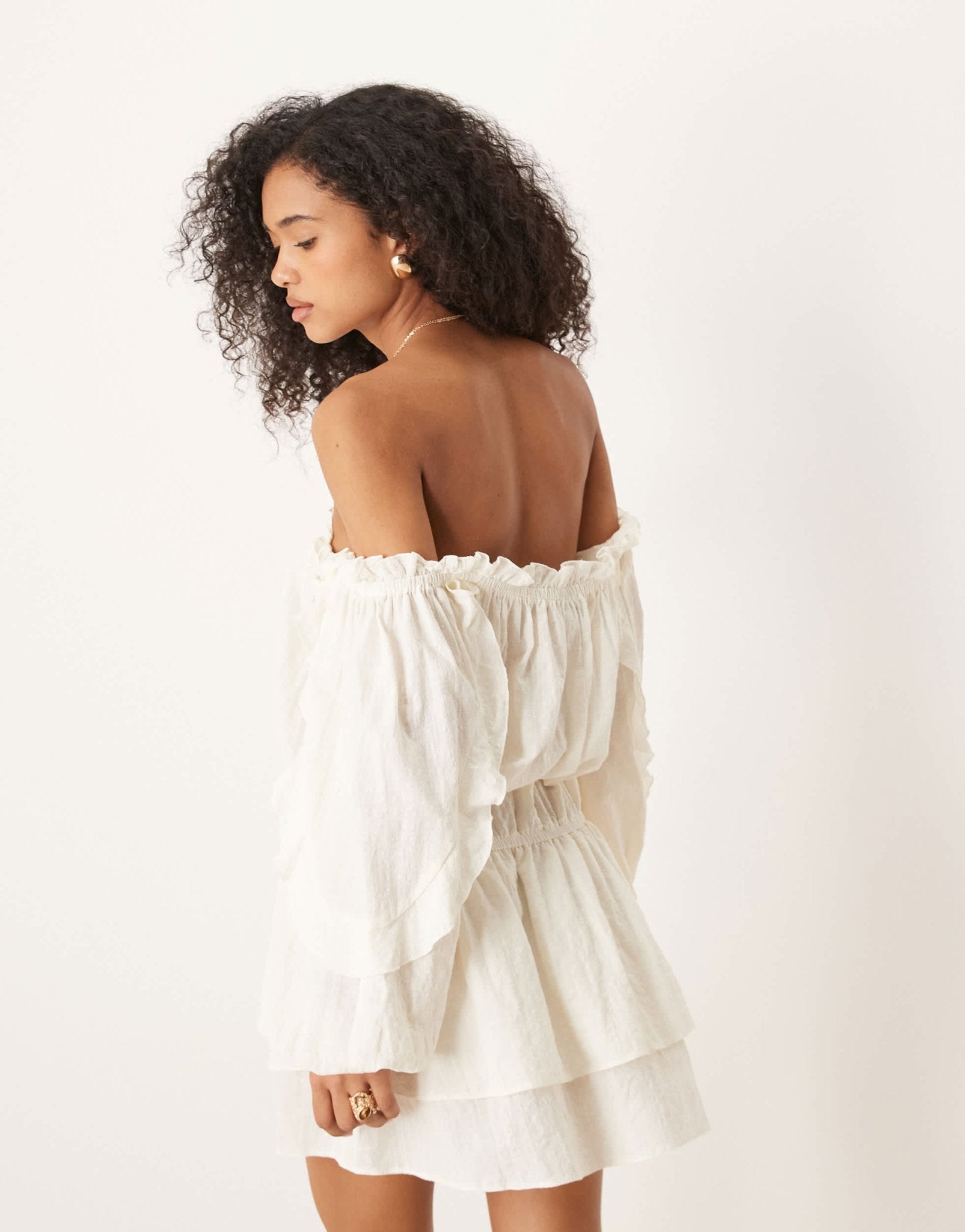 ASOS DESIGN cotton bardot ruffle mini dress in cream - ASOS Sample Sale