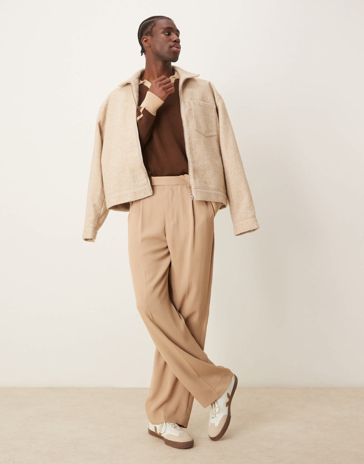 ASOS DESIGN cotton blend knitted jumper with contrast collar and cuff in beige and brown - ASOS Sample Sale