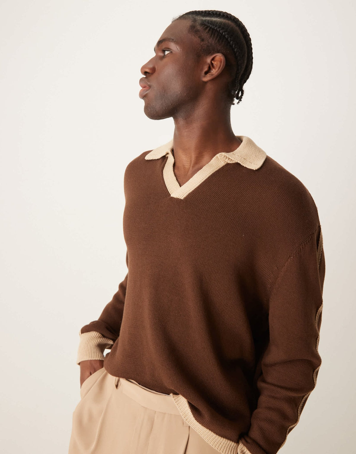 ASOS DESIGN cotton blend knitted jumper with contrast collar and cuff in beige and brown - ASOS Sample Sale