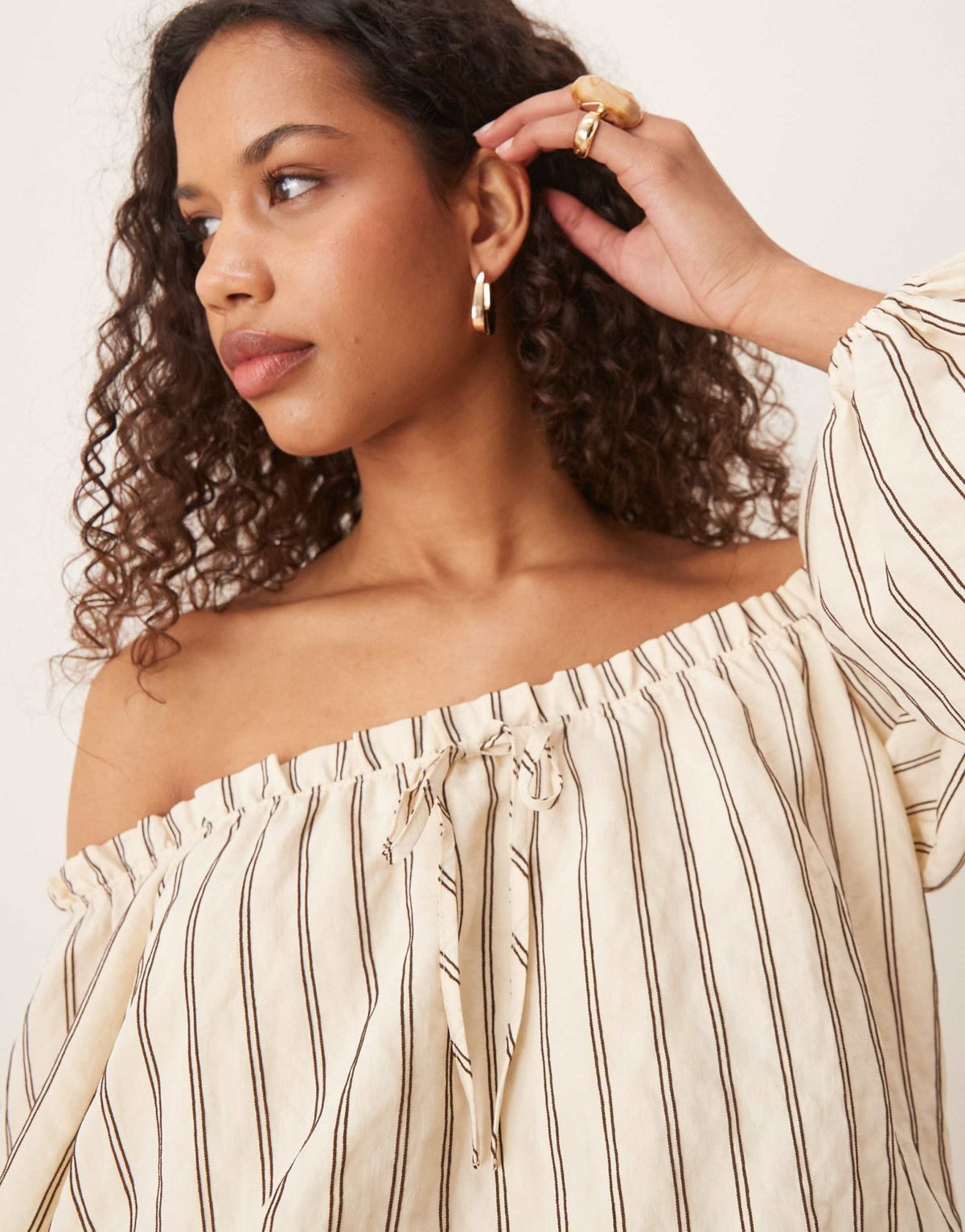 ASOS DESIGN cotton boho bardot mini dress in buttermilk stripe - ASOS Sample Sale