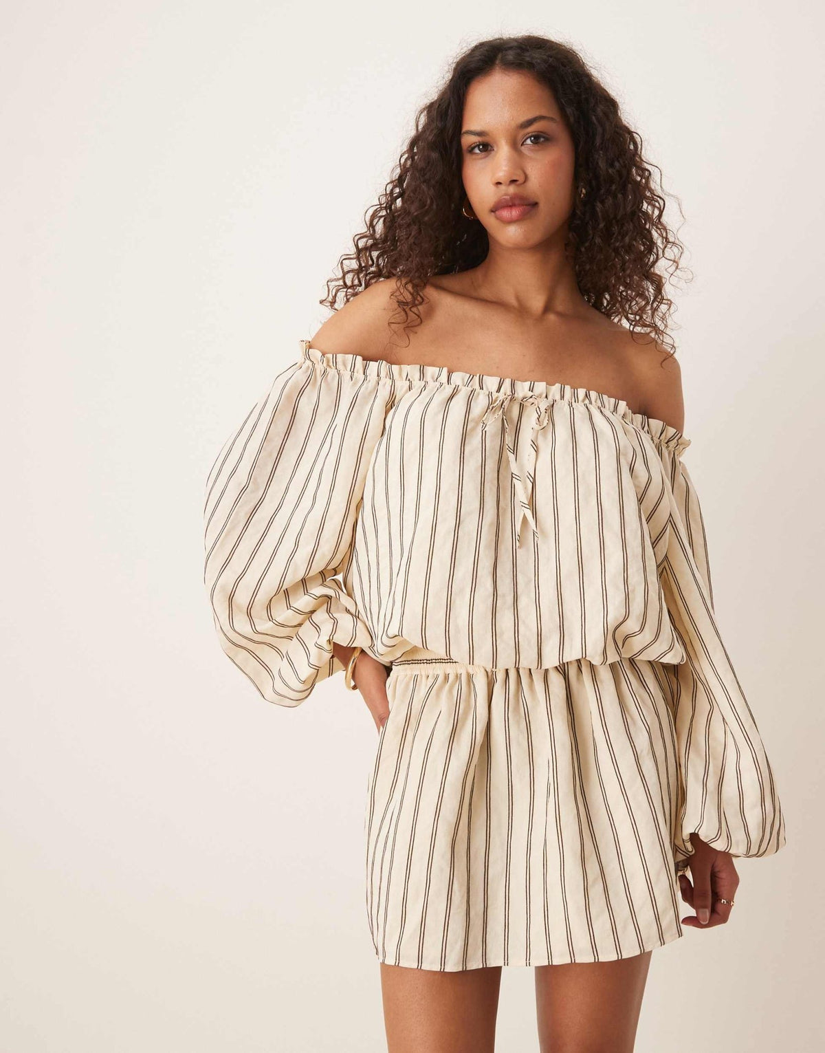ASOS DESIGN cotton boho bardot mini dress in buttermilk stripe - ASOS Sample Sale