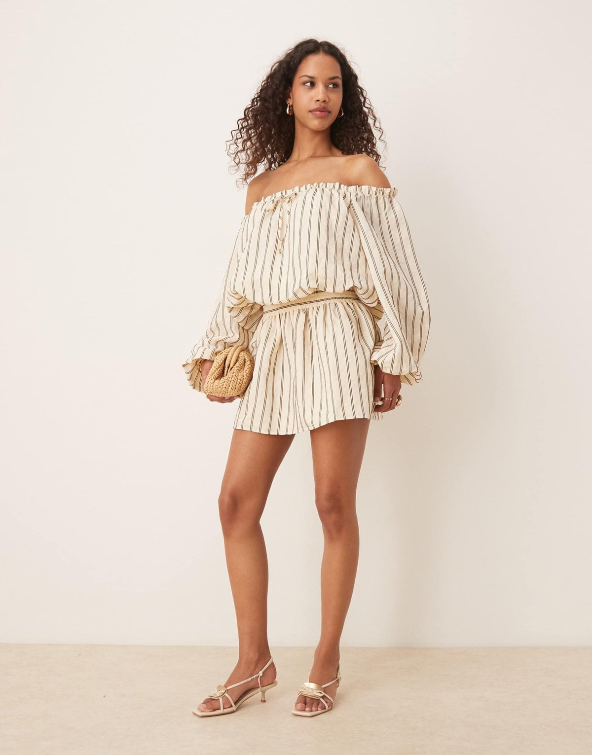 ASOS DESIGN cotton boho bardot mini dress in buttermilk stripe - ASOS Sample Sale