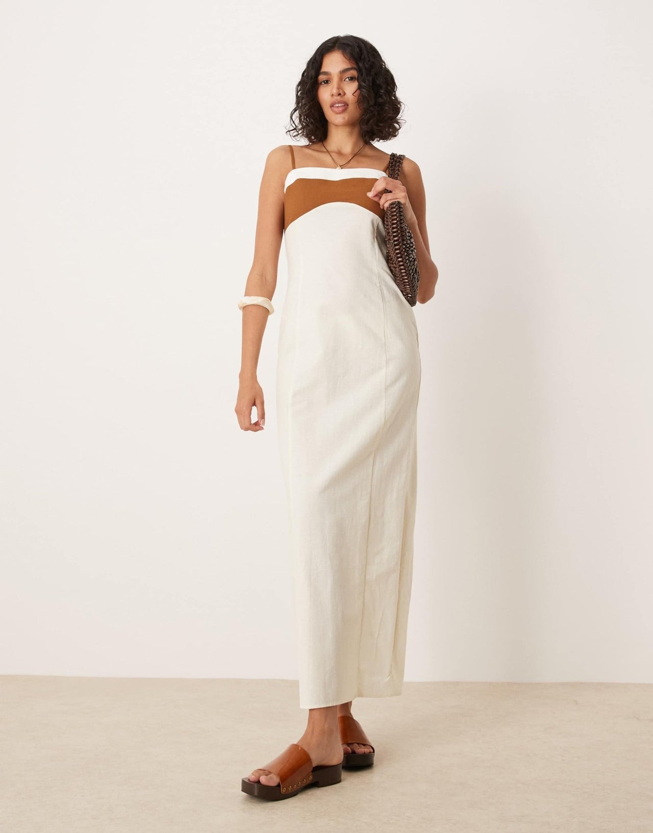 ASOS DESIGN cotton linen colour block cami maxi dress in neutral colour block - ASOS Sample Sale