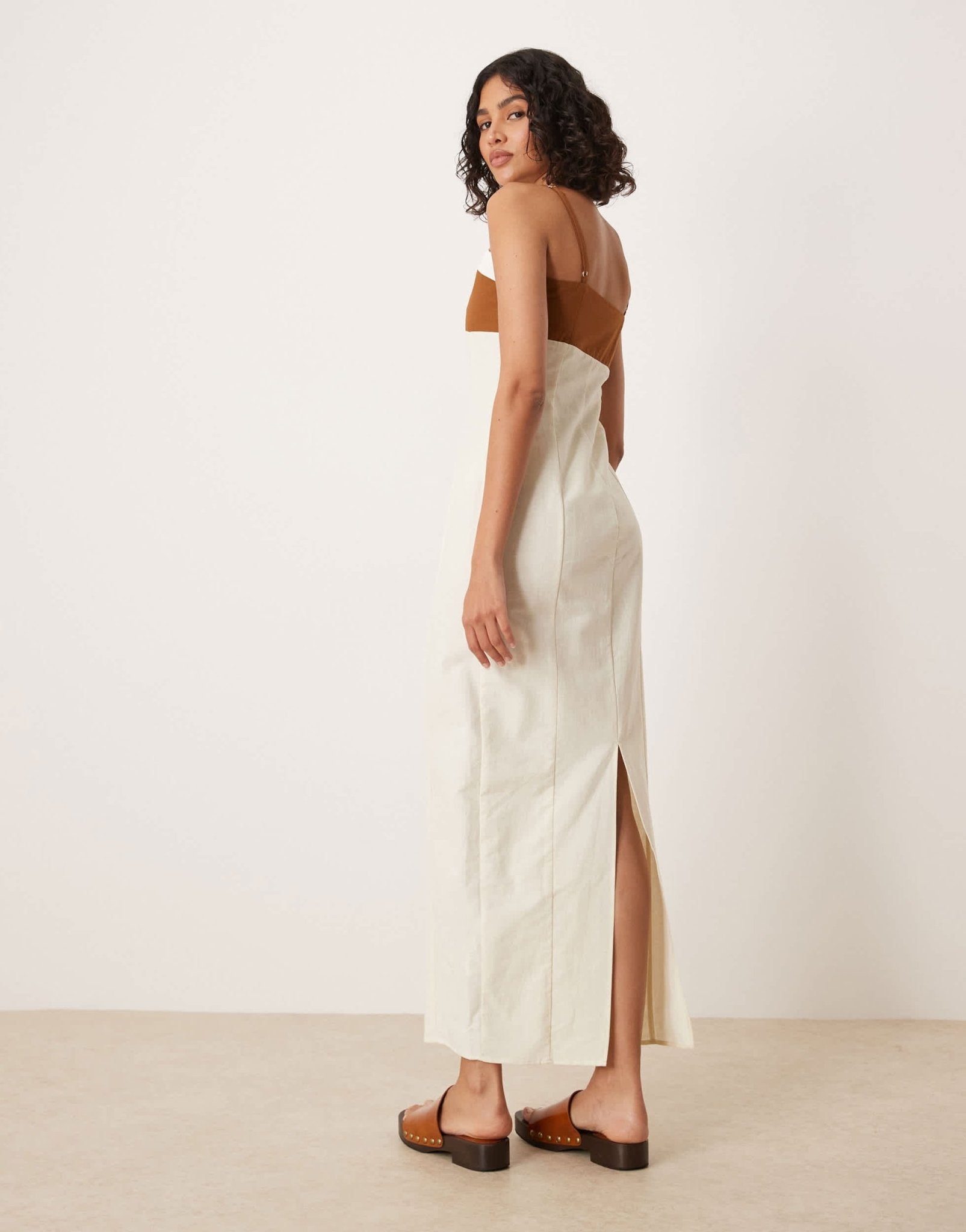 ASOS DESIGN cotton linen colour block cami maxi dress in neutral colour block - ASOS Sample Sale