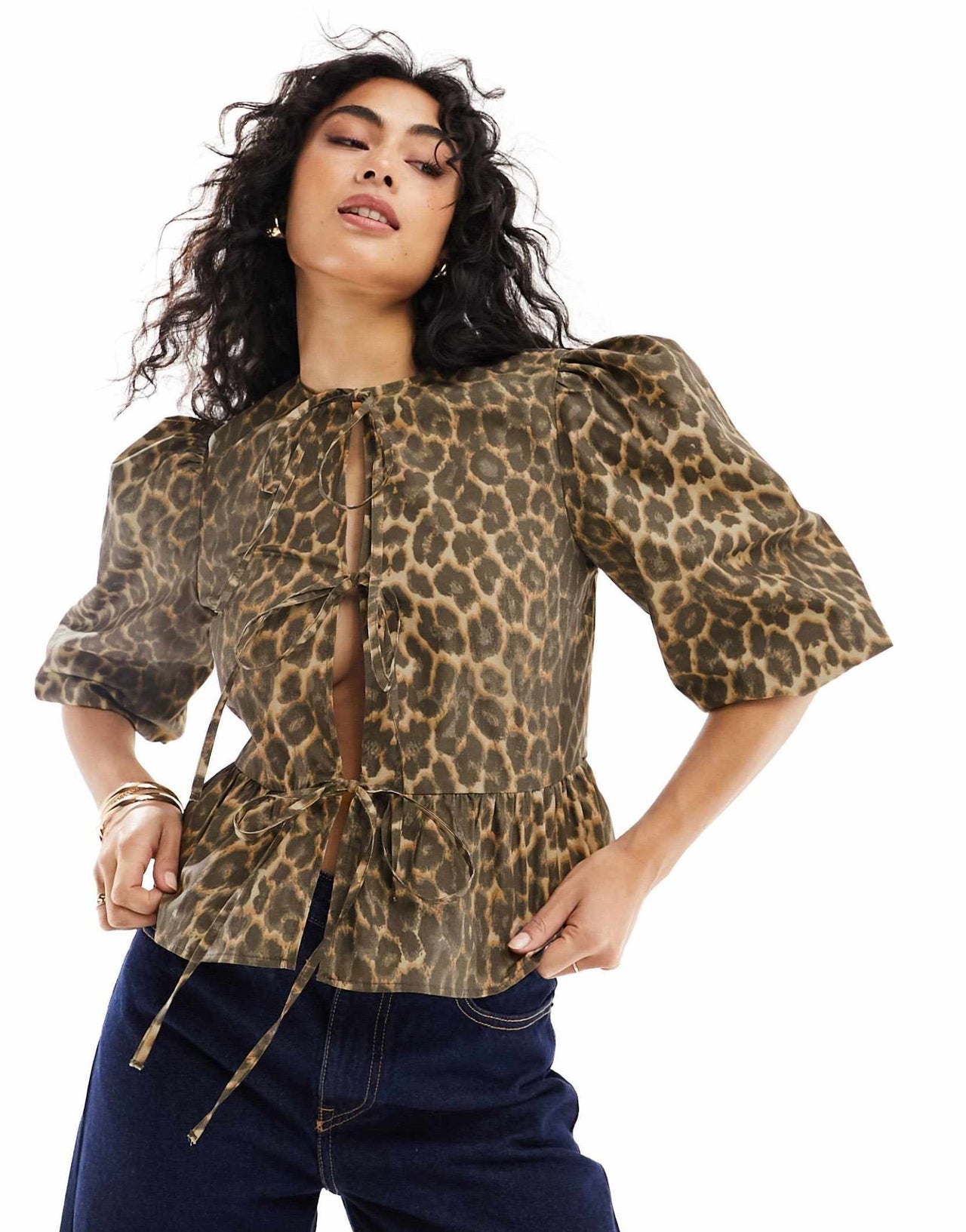 ASOS DESIGN cotton poplin peplum tie shirt top in leopard print - ASOS Sample Sale