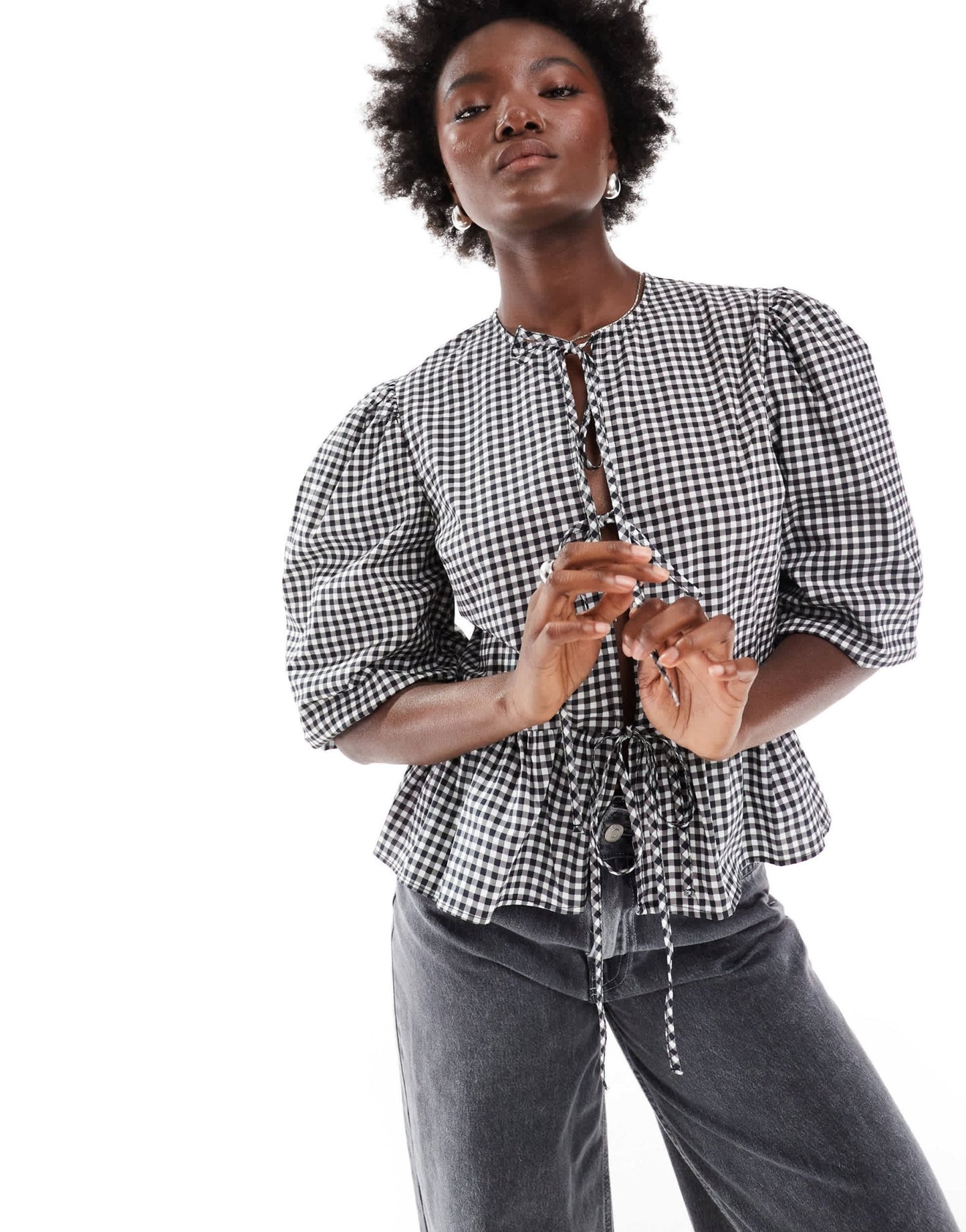 ASOS DESIGN cotton poplin tie front peplum blouse in black gingham - ASOS Sample Sale