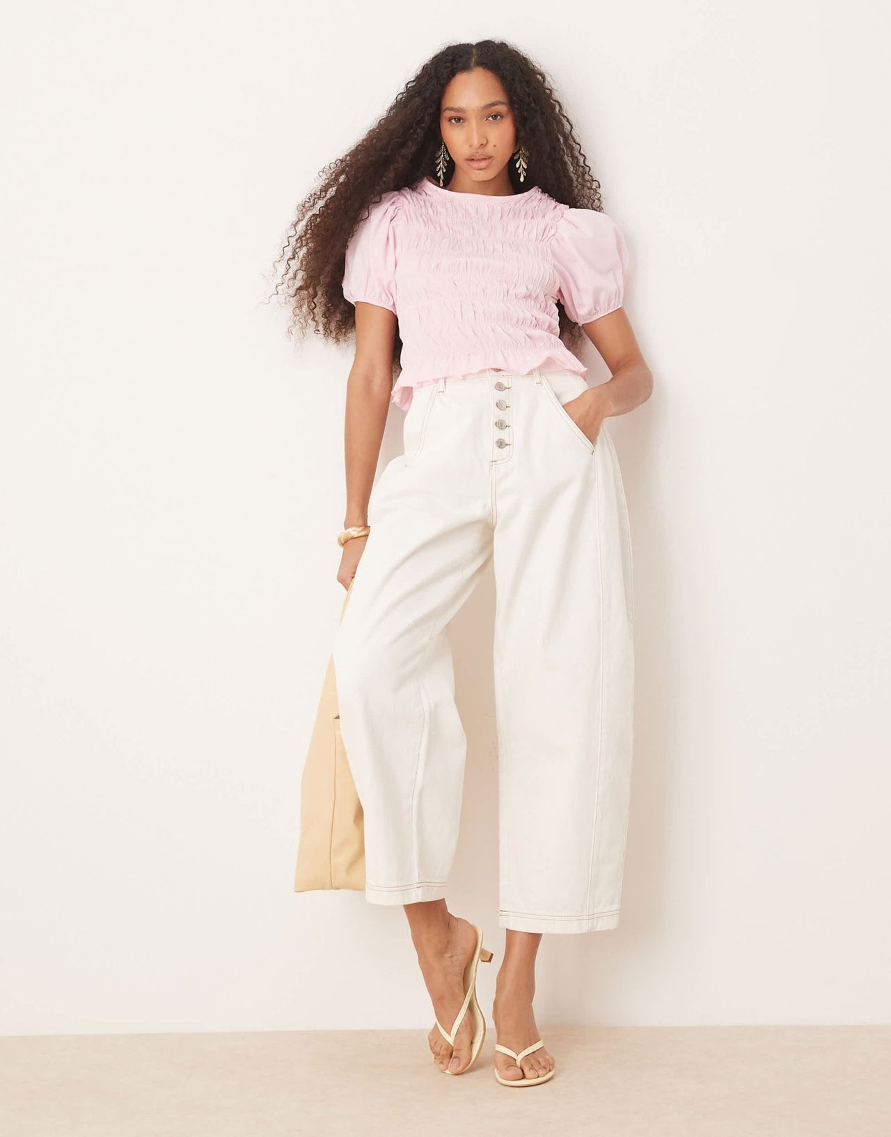 ASOS DESIGN cotton shirred top with frill peplum and puff sleeve in baby pink - ASOS Sample Sale