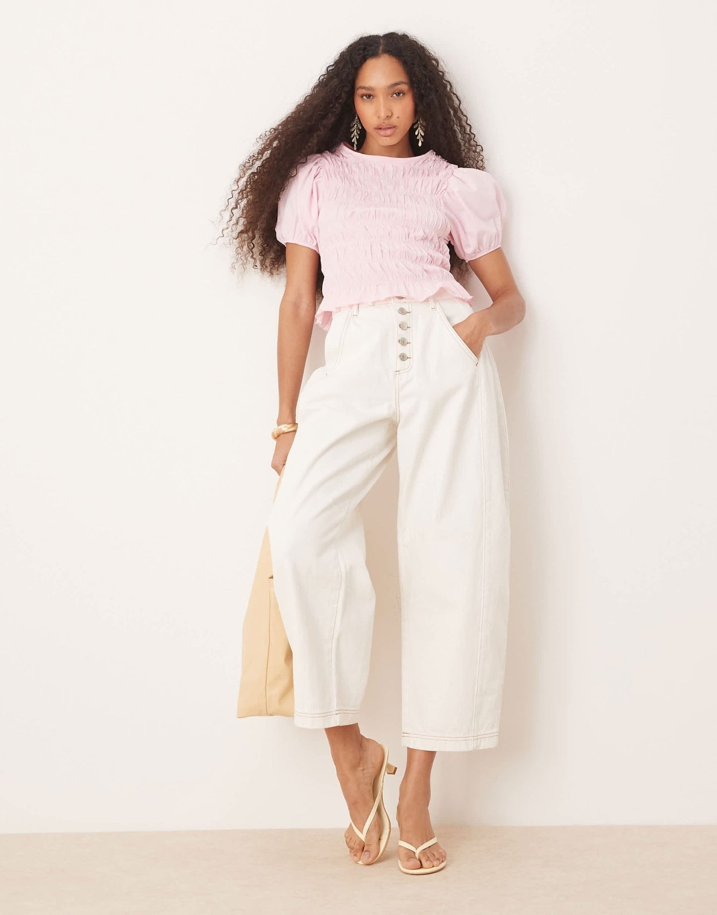 ASOS DESIGN cotton shirred top with frill peplum and puff sleeve in baby pink - ASOS Sample Sale