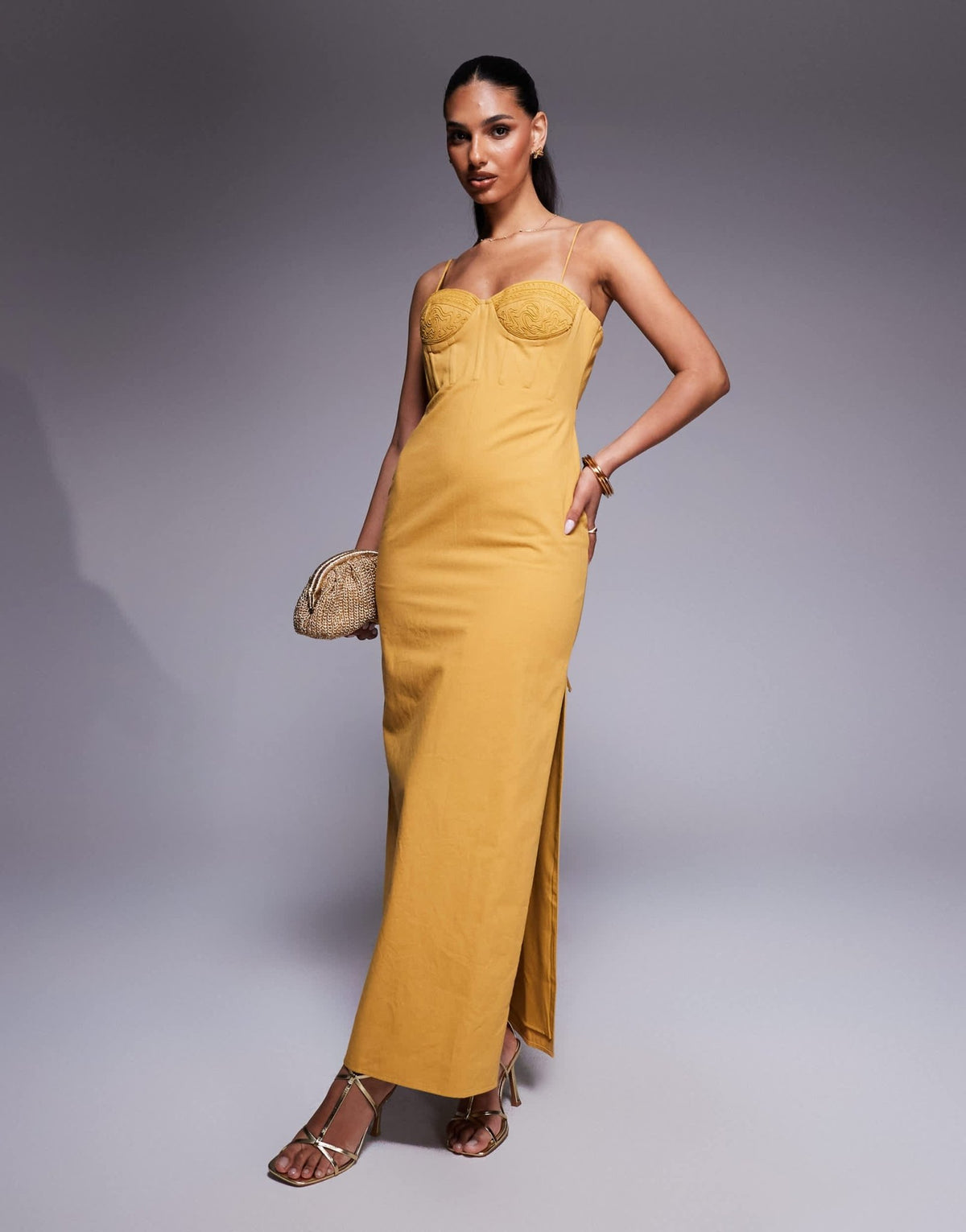 ASOS DESIGN cotton twill corset midi with embroidered bust detail in mustard - ASOS Sample Sale