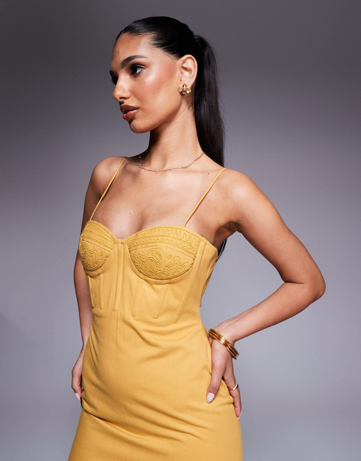 ASOS DESIGN cotton twill corset midi with embroidered bust detail in mustard - ASOS Sample Sale
