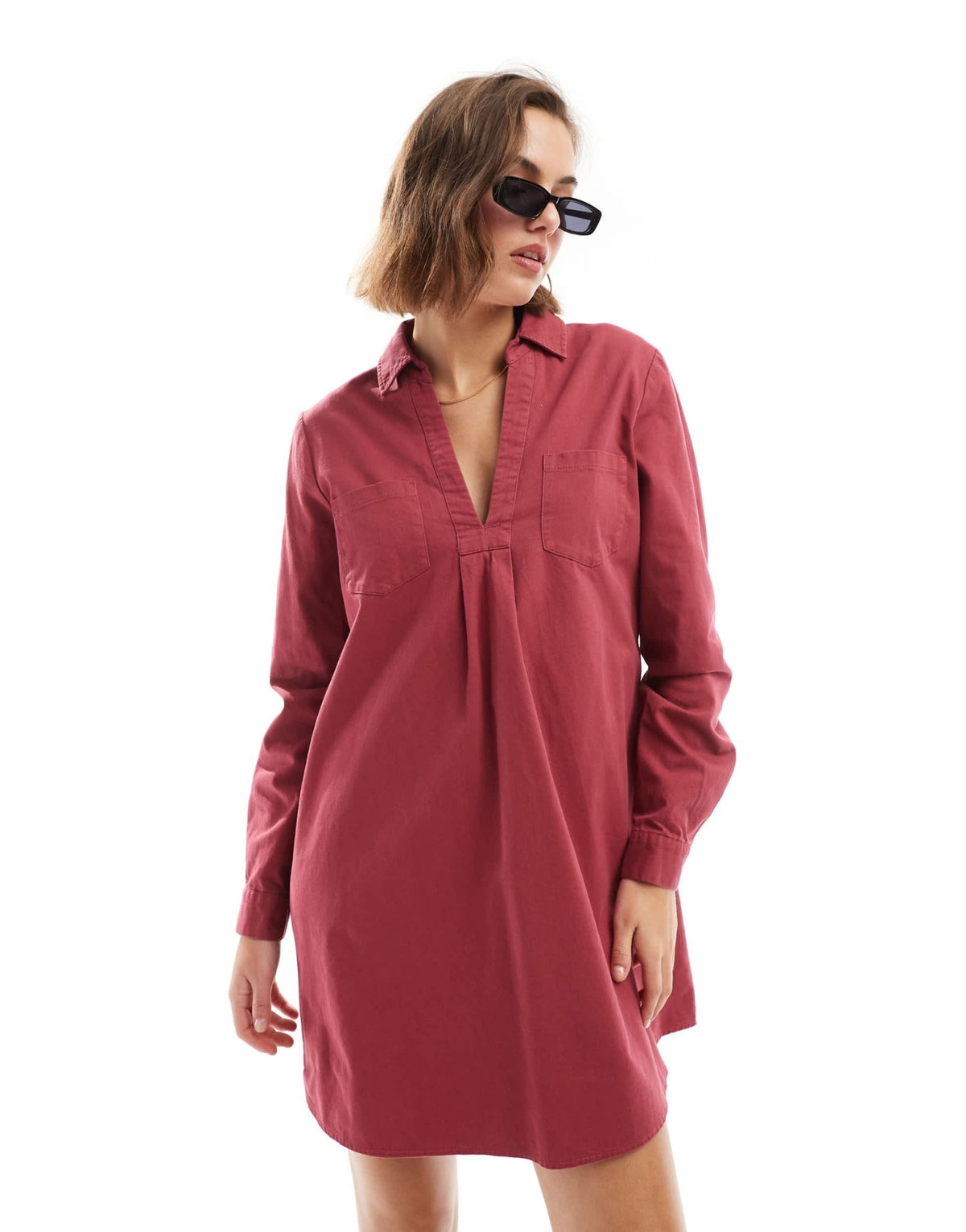 ASOS DESIGN cotton twill pocket shift mini with raw hem in raspberry red - ASOS Sample Sale