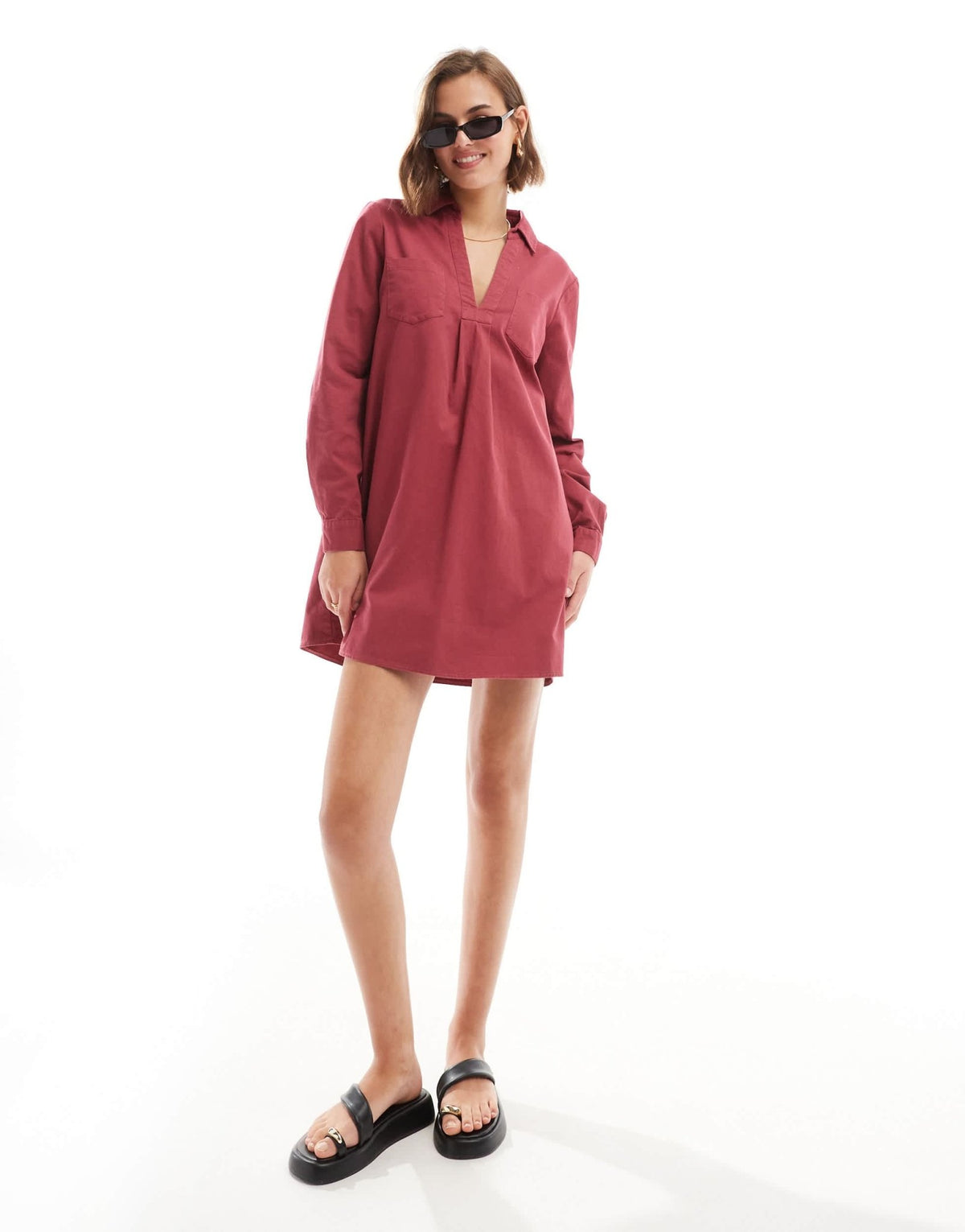 ASOS DESIGN cotton twill pocket shift mini with raw hem in raspberry red - ASOS Sample Sale