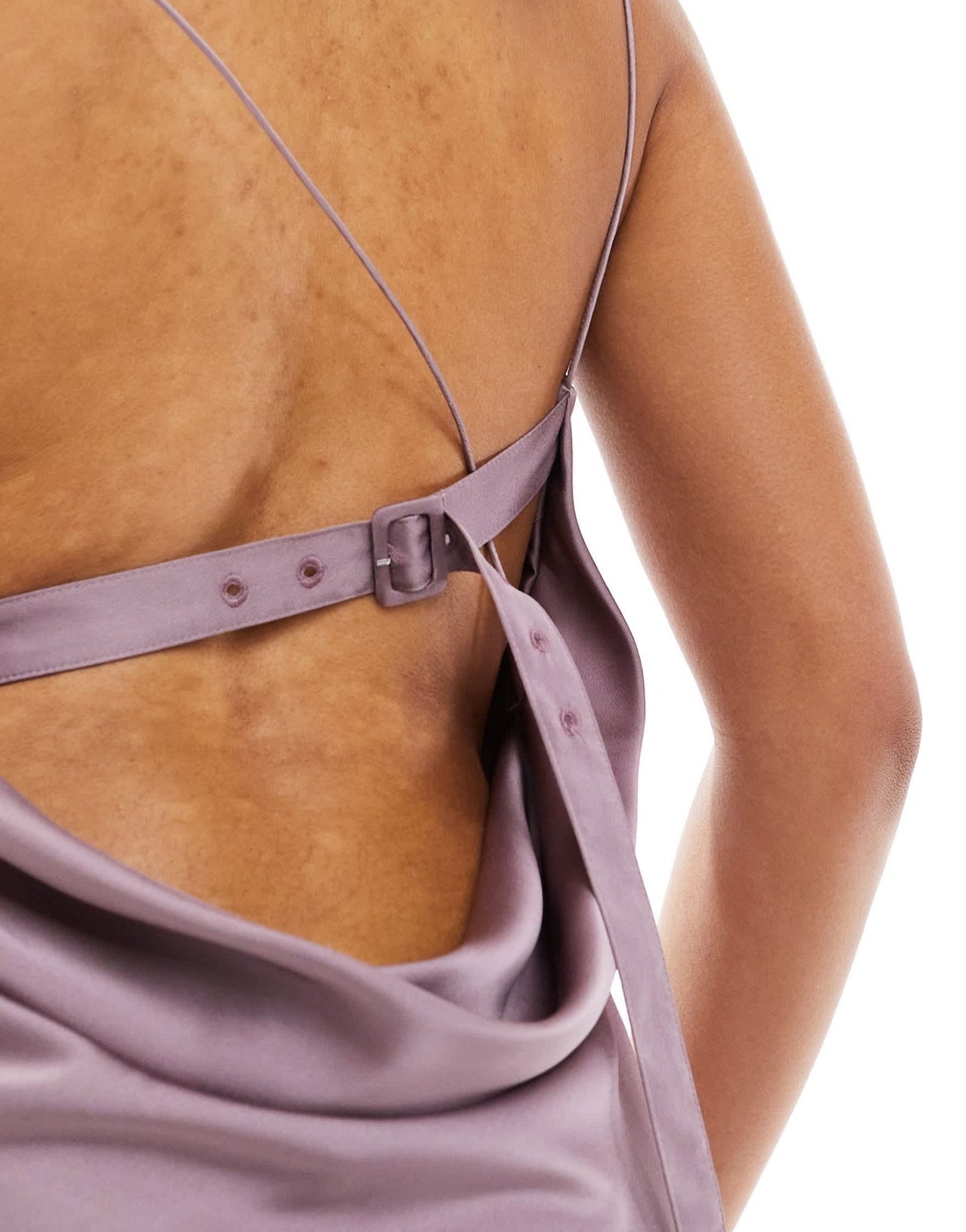 ASOS DESIGN cowl back satin midi dress with cut outs and buckle detail in lilac - ASOS Sample Sale