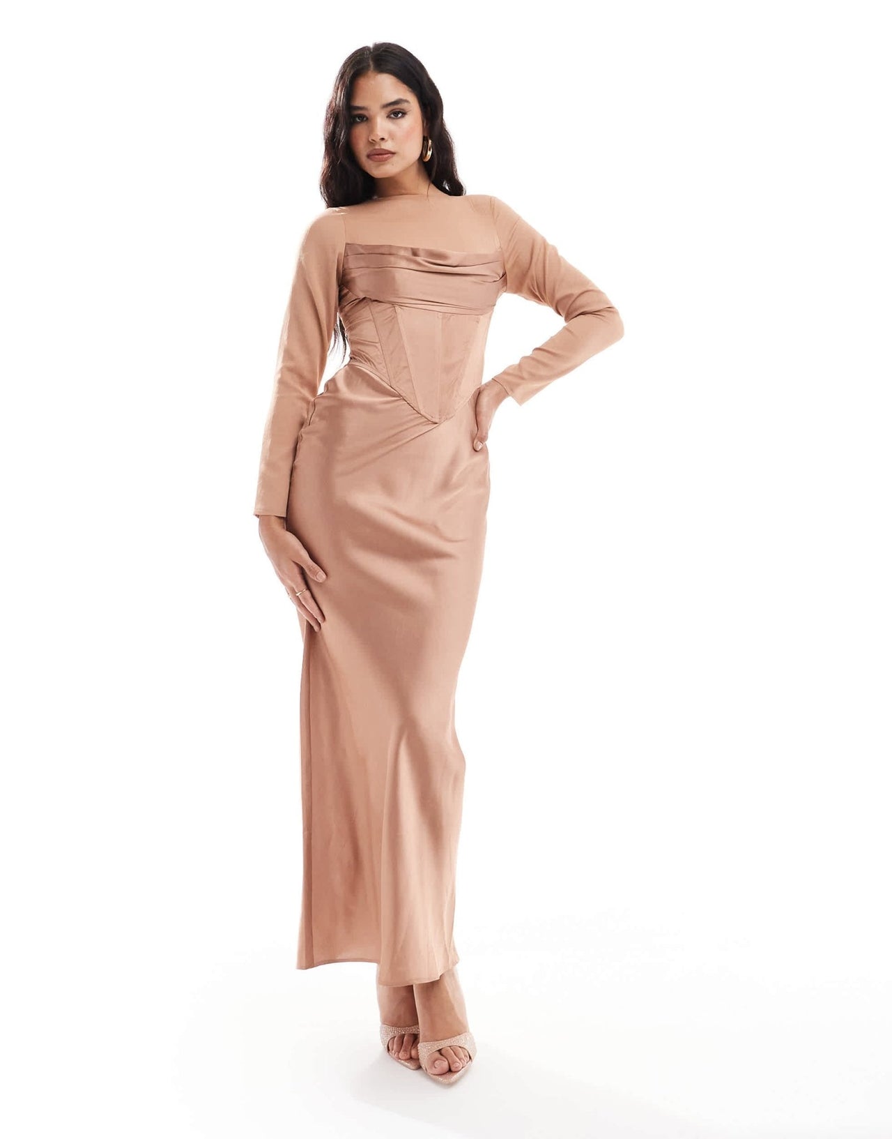 ASOS DESIGN cowl corset overlay satin chiffon mix maxi dress in taupe - ASOS Sample Sale
