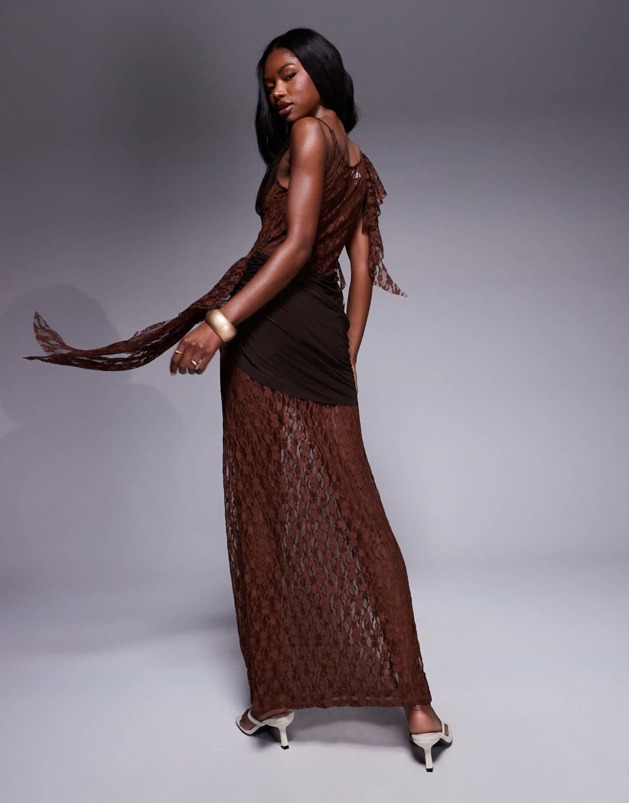 ASOS DESIGN cowl draped maxi dress with sheer and solid lace layering in chocolate - ASOS Sample Sale