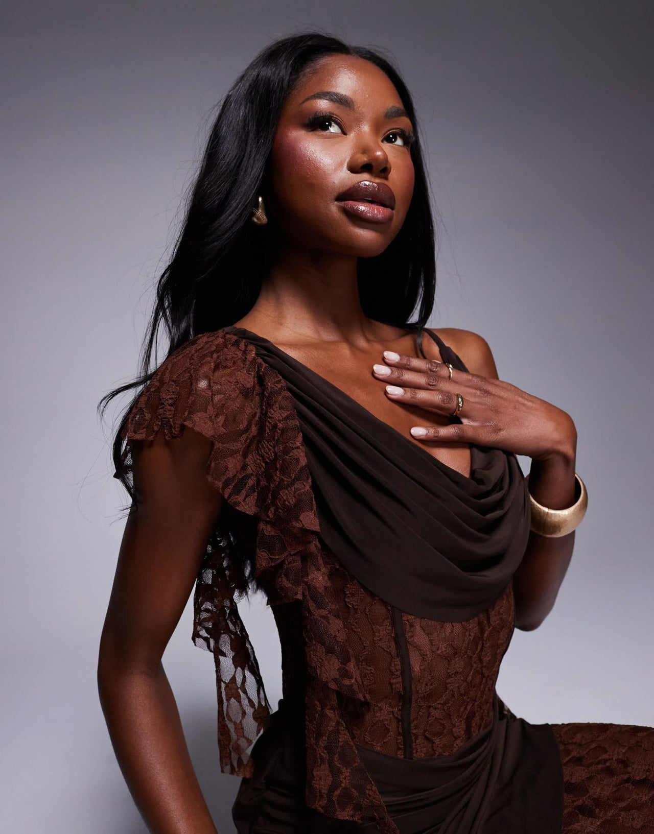 ASOS DESIGN cowl draped maxi dress with sheer and solid lace layering in chocolate - ASOS Sample Sale
