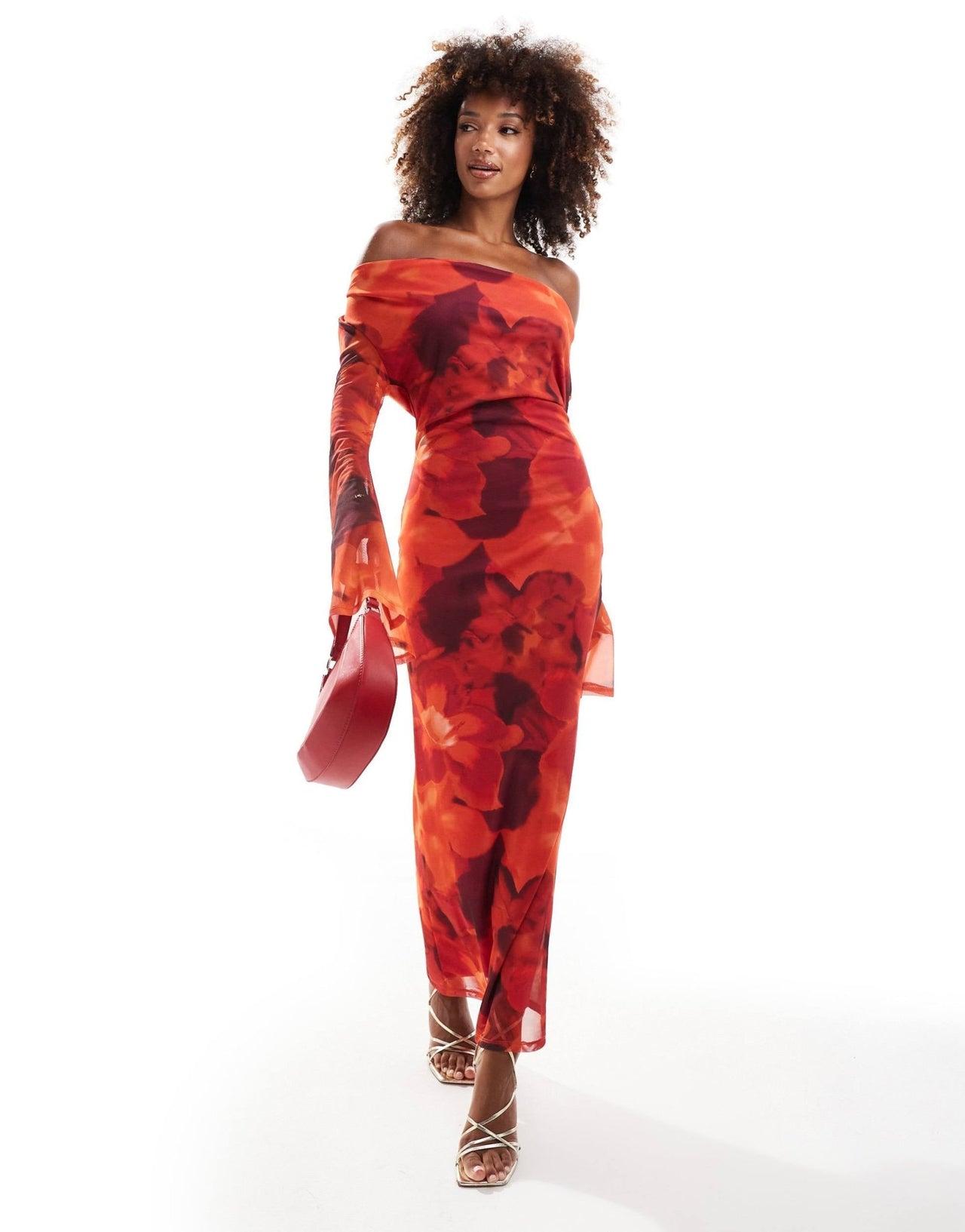 ASOS DESIGN cowl front mesh maxi dress with flare sleeve in red floral smudge print - ASOS Sample Sale