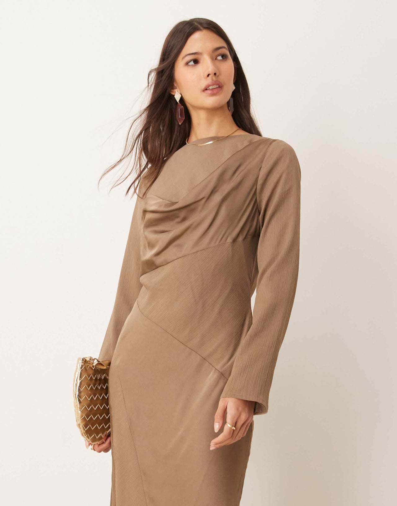 ASOS DESIGN cowl neck satin chiffon mix long sleeve maxi dress in mink brown - ASOS Sample Sale