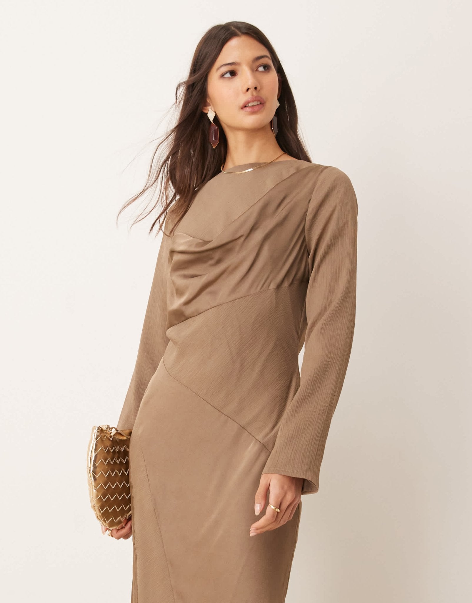 ASOS DESIGN cowl neck satin chiffon mix long sleeve maxi dress in mink brown - ASOS Sample Sale