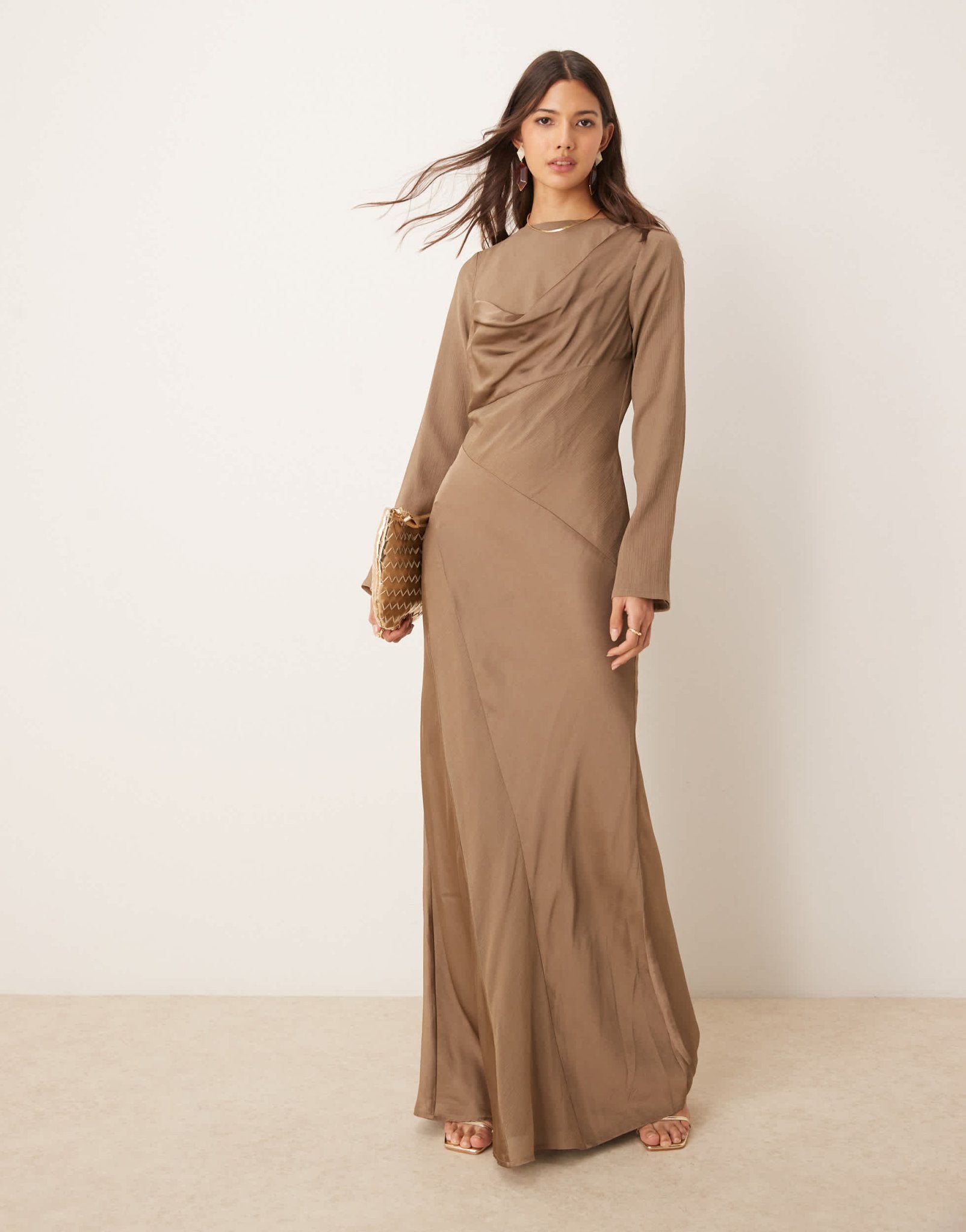 ASOS DESIGN cowl neck satin chiffon mix long sleeve maxi dress in mink brown - ASOS Sample Sale