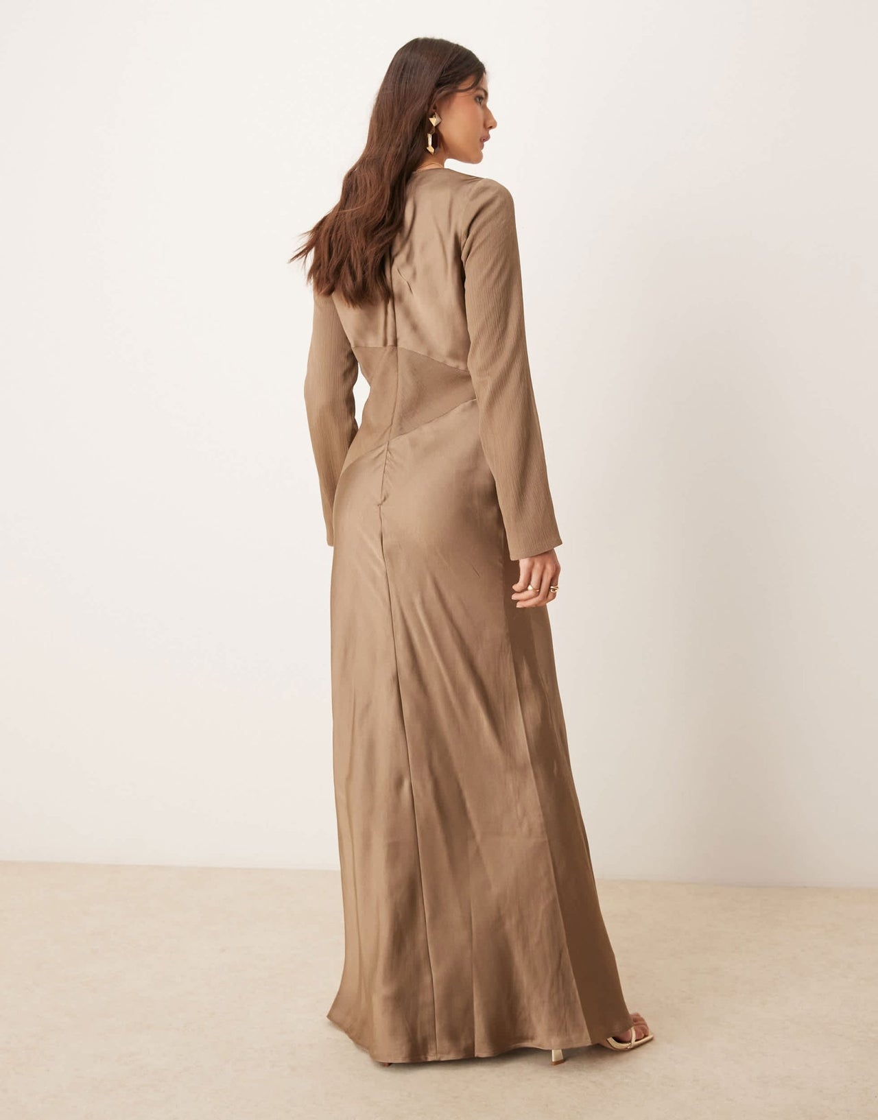 ASOS DESIGN cowl neck satin chiffon mix long sleeve maxi dress in mink brown - ASOS Sample Sale