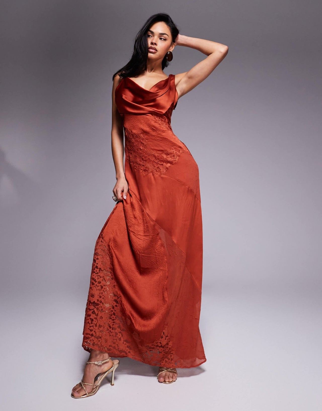 ASOS DESIGN cowl neck satin maxi dress with lace panelling in rust - ASOS Sample Sale
